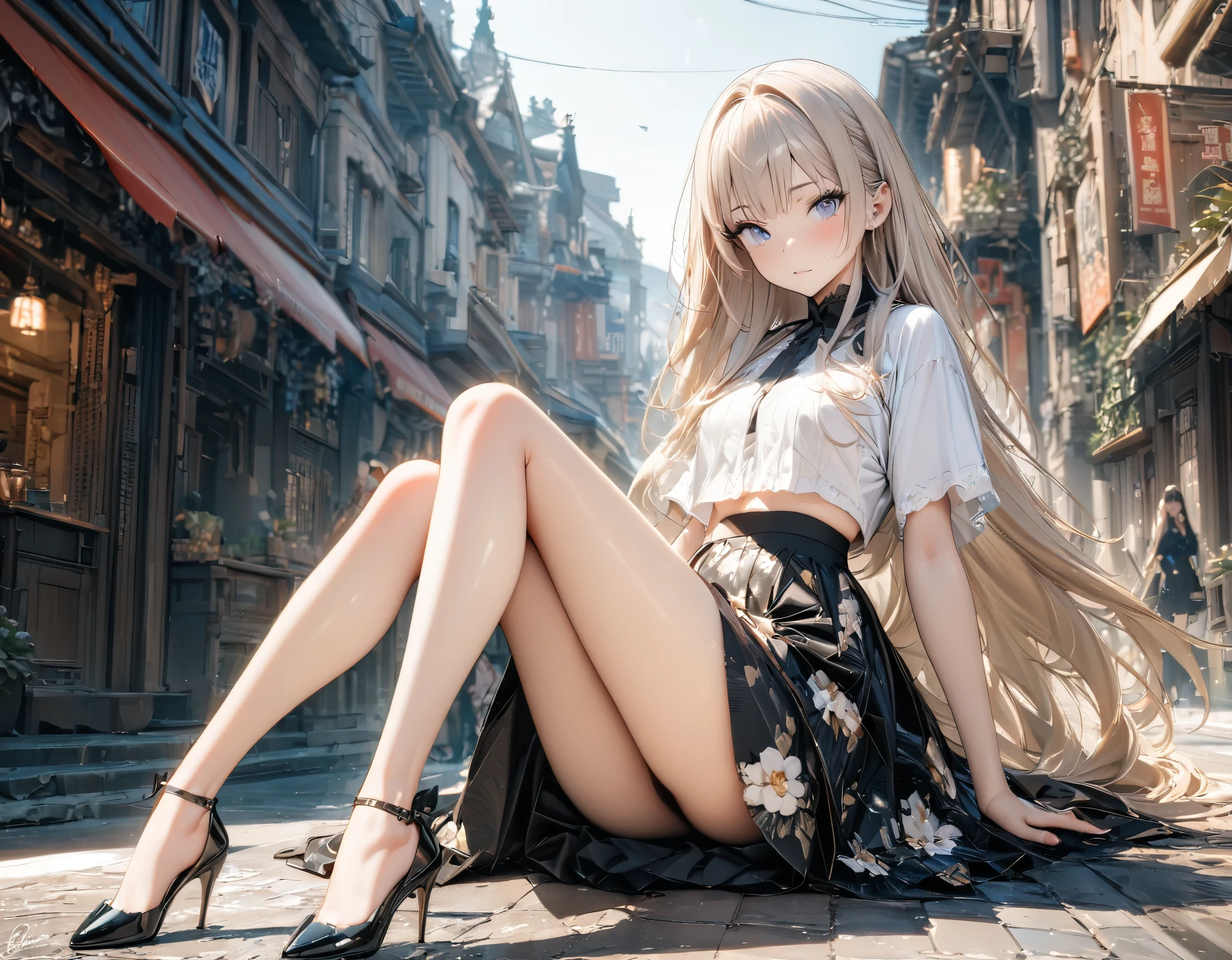 ((best quality, 8k, masterpiece: 1.3)), 1 girl, slim and beautiful: 1.3, (Long hair: 1.2), Floral Skirt, Long legs: 1.1, Super delicate face, beautiful eyes, Double eyelids, outdoor, Octane Rendering