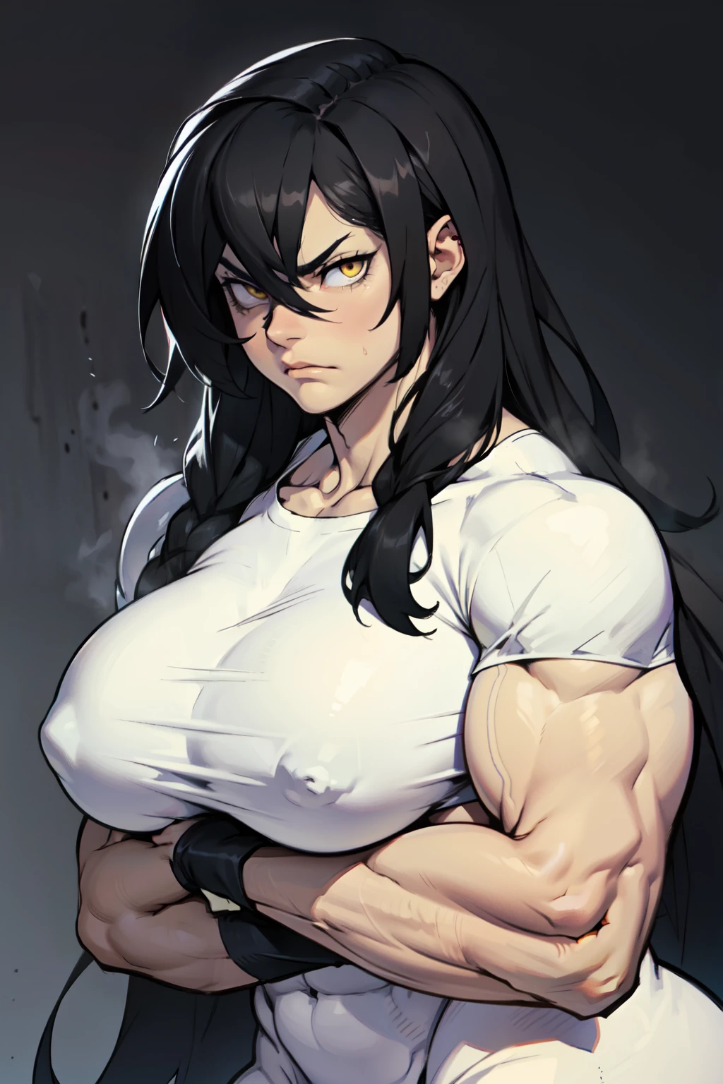 ((muscular)) huge breasts thick thick thick pale skin black hair yellow eyes very long hair frown sad toned body