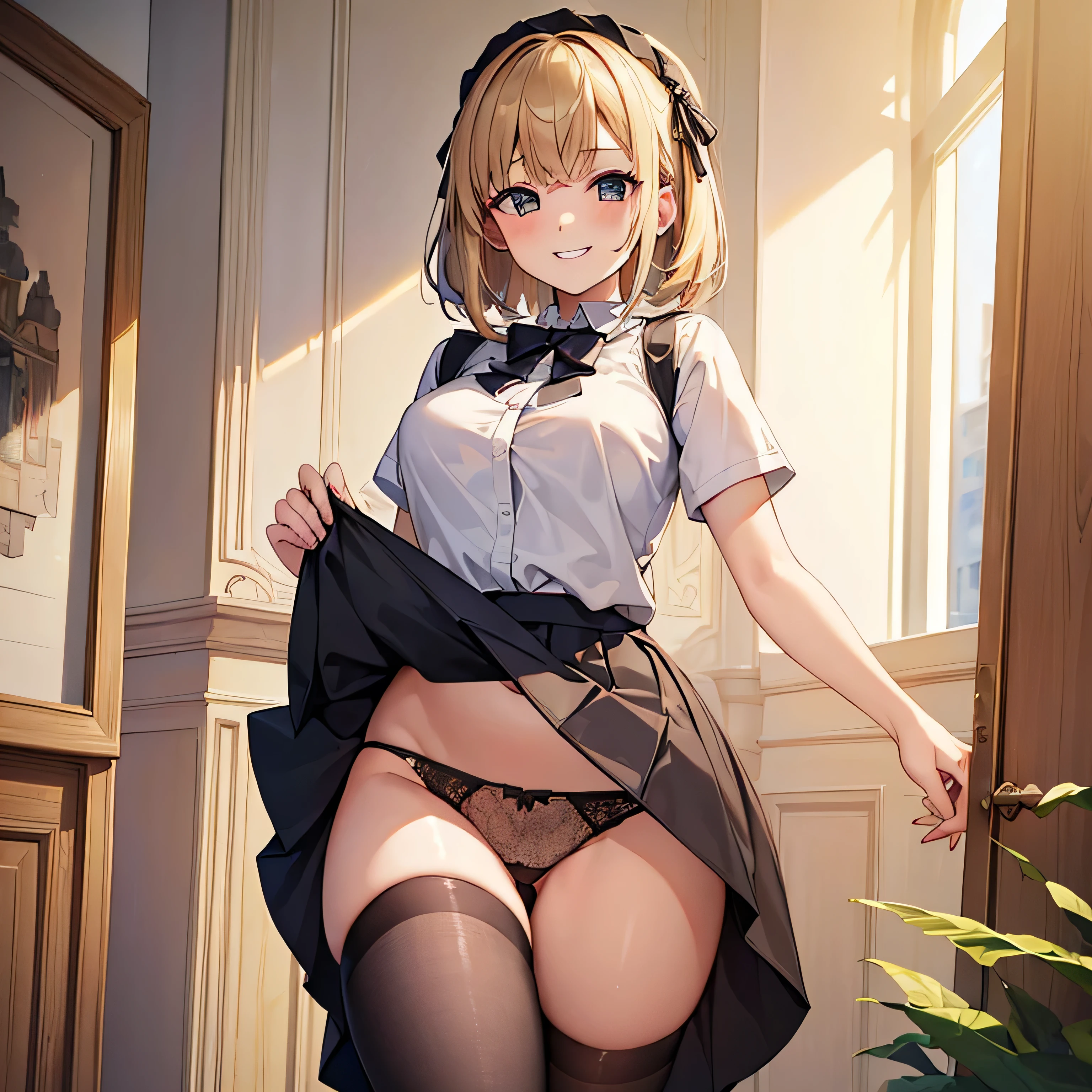 ((Top Quality,8k, 32k,Masterpiece:1.2)), girl , skirt, grin, undressing, showing panties