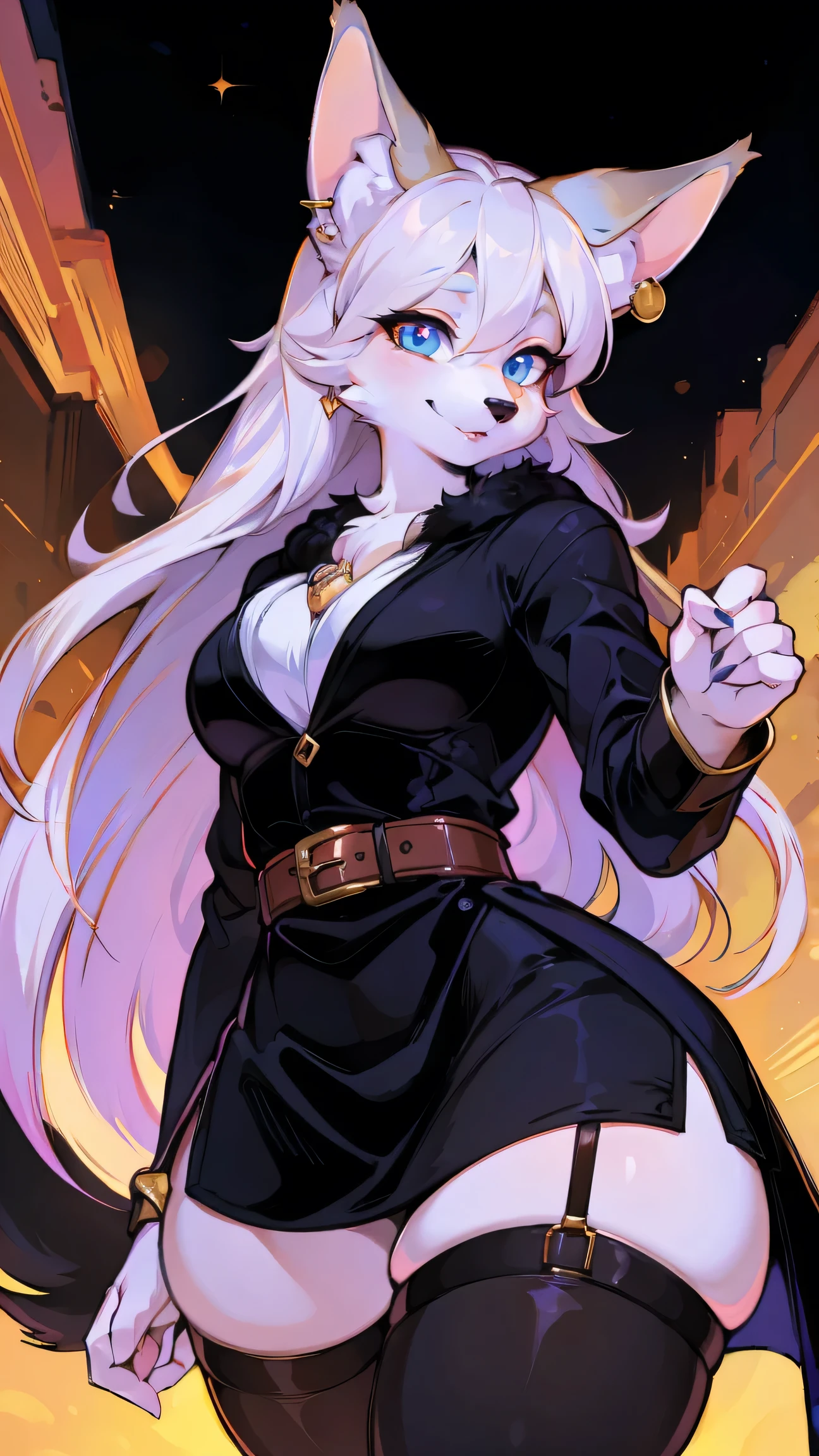 small animal_ears,mature_female,cute,furry_girl,wolf_girl,Elegant figure,193cm tall,Model's body_type,detailed_eyes,silver_hair,cute_ears,wolf_ears,black robe,leggings,fluffy_furs,earrings,upper body,stocking with garterbelt,neck garter,(perfect detailed eyes:1.5),jewelry, blank eyes,brooch,smiling,(front:1.5),(furry:1.5),long lashes,flowy chiffon,well-proportioned figure,(thick thighs:1.1),perfectly high-detail facial features,(perfect detailed eyes:1.5),silky long hair,masterpiece, best quality, Ultra-high quality, Ridiculous details,(best quality,4k,8k,highres,masterpiece:1.2),ultra-detailed