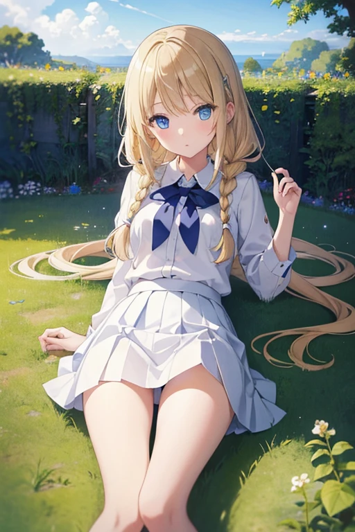 masterpiece, highest quality, High resolution, 、blue eyes、
blonde, Braiding、uniform, White shirt, Check skirt, White panties、garden、Lying on the grass