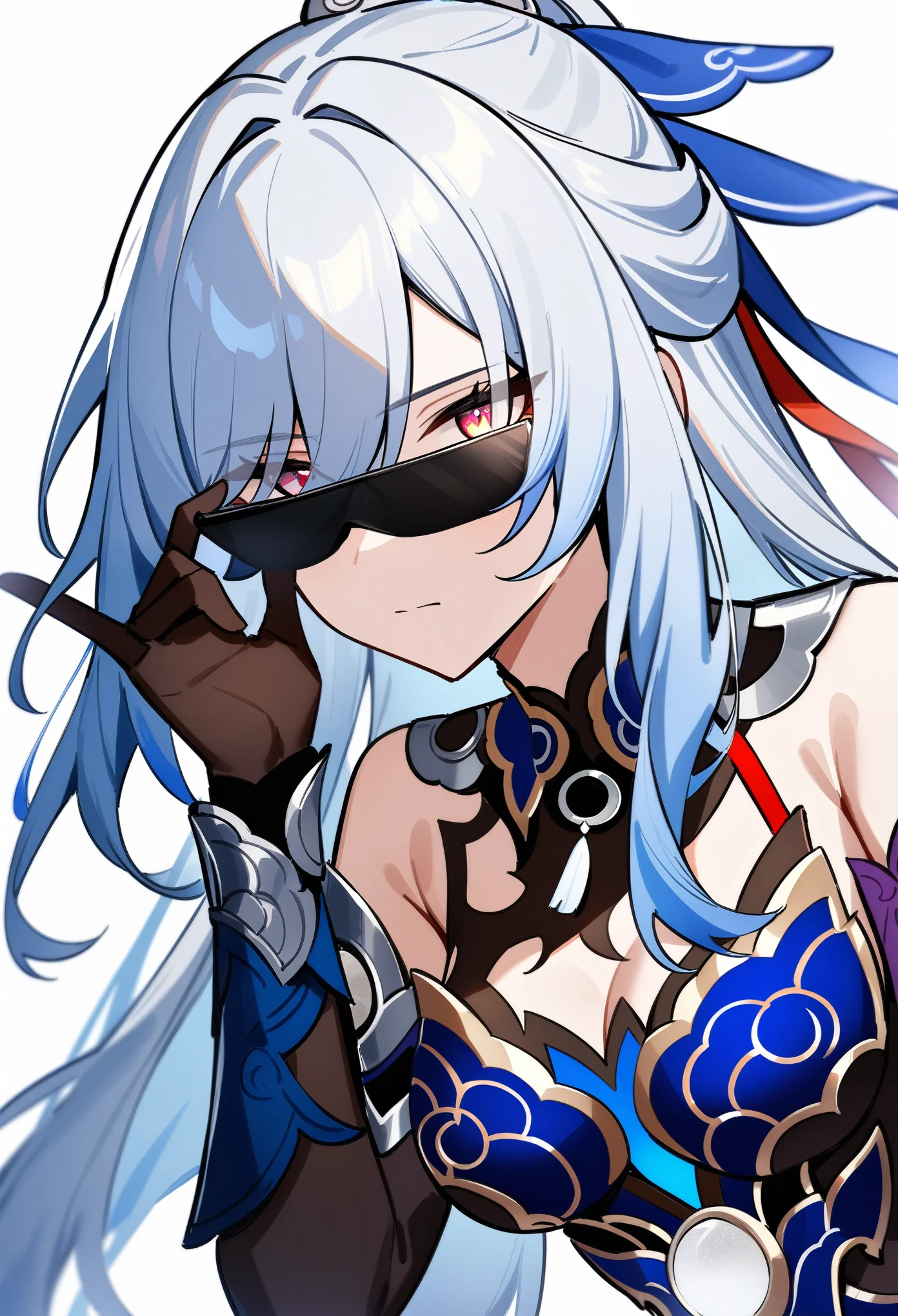 masterpiece, best quality, very aesthetic, absurdres, 1girl, jingliu\(honkai: star rail), honkai: star rail, upper body, cleavage, blindfold, adjusting eyewear, simple background