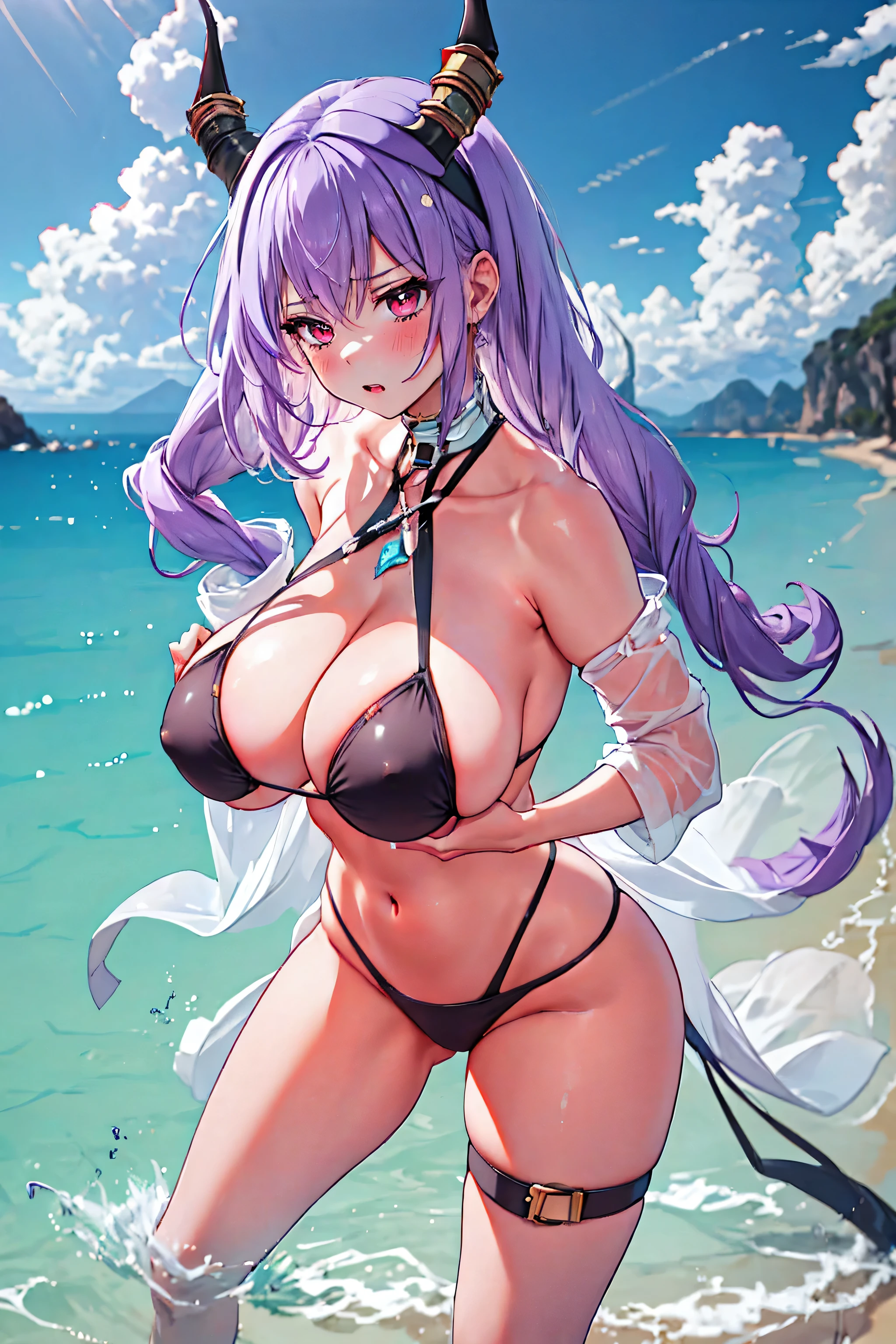 Typhon| Arc Knight, micro bikini, Masterpiece, best quality, 1 woman,25 years old , big, Big breasts, Huge, big breasts, The chest size is very big., Chest size, My hair is very long., headband, purple hair, conjunctivitis, proportion body, proportion, show your , Water set, This micro bikini,micro mini bikini, Lying on the beach with exciting challenges, Not clear. ,only, beautiful sea, The sky is beautiful, Looking at the audience from the front, thigh strap, tilt your head, bored, 10, 10, high resolution, Expressing anger, angry,