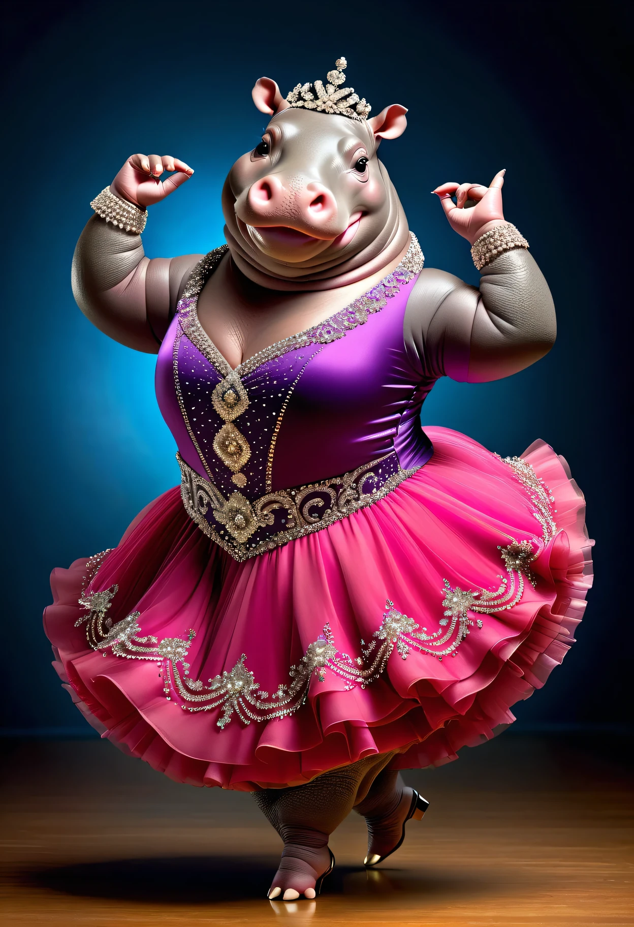 portrait of Dressed animals - a ((fat)) ((hippo)) Ballroom dancer,(dynamic dancing pose:1.5),(smile),(), high quality,(lovely) ,intricate details, highly detailed (female ballroom dancer's dress )),, highly detailed decorations of dress ,high heels, (happy), studio lighting,(full body image:2.0)
