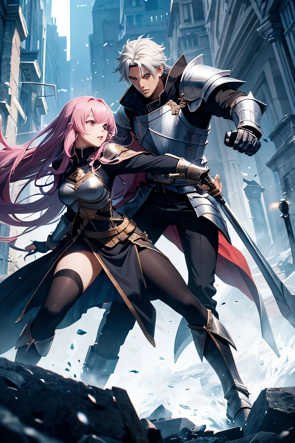 male wizard and female knight attacking enemy