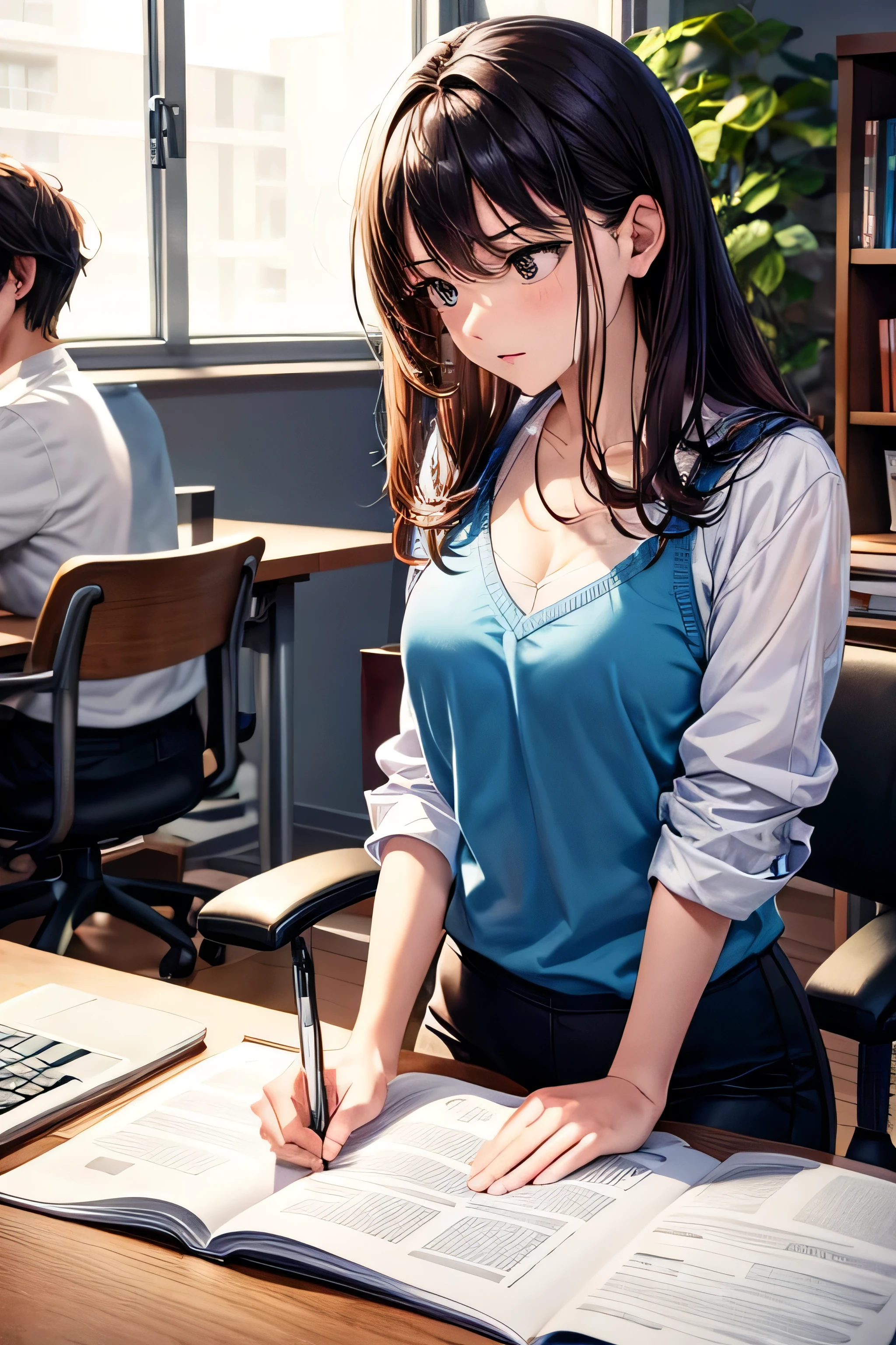 a man is on working desk and a women in yoga beside