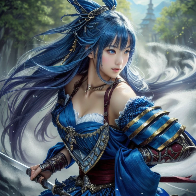 Japanese woman in a blue dress holding a sword in her hand, Beautiful digital art, Maid, Beautiful character drawings, Amazing fantasy art, Beautiful Female Warrior, 4k, Beautiful maiden、Ultra high definition、masterpiece、correct、Anatomically correct、Textured skin、Very detailed、High detail、high quality、最high quality、High resolution、8k、Surrealism、Raw photo、Beautiful age Woman、One Japanese woman、Big beautiful eyeedium chest