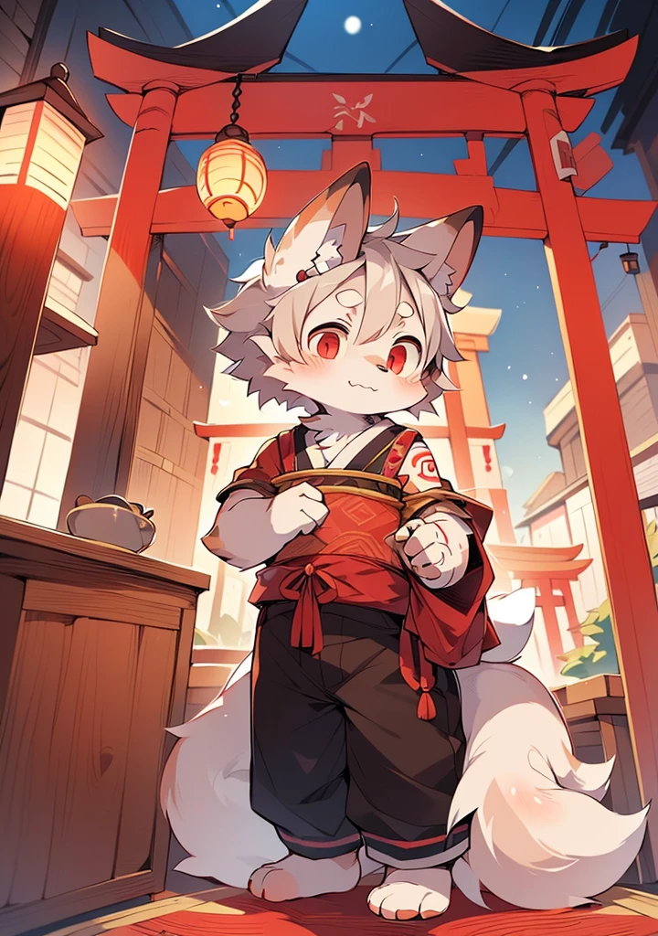 (dark environment: 0.8), masterpiece, high quality, abstract res, digital painting\(artwork\), by dagasi, yupa, kiyosan, (anthro, fluffy fur, character focus: 1.1), anthro male cat, short hair, portrait , bright eyes, panorama, man focus.(detailed background:0.7), solo, furry, furry male, male focus, anthr,(full fur, fluffy tail, white fur, red eyes, gray hair:1.2), ( Long Canines, Japanese Culture, Tattoos: 1.2), (Interior, Night, Torii: 1.1)
