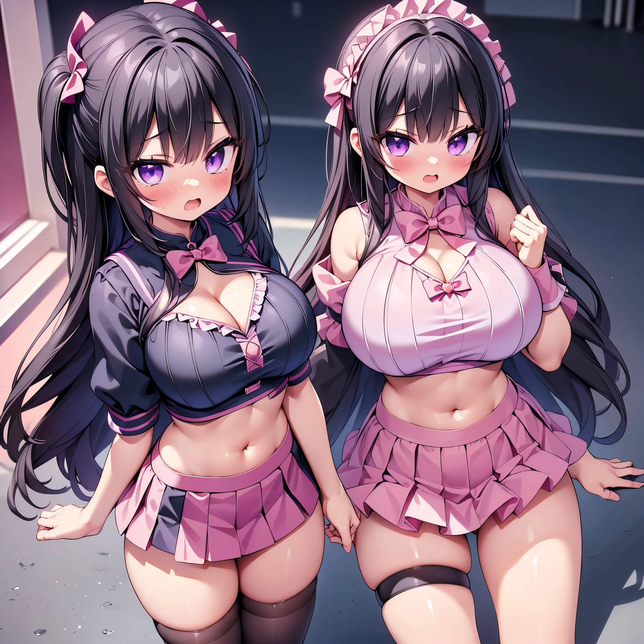 (8K、Best image quality、highest quality、masterpiece)、Detailed face、(2 girls, Black Hair, Purple Eyes, long hair)、Improve、 (magical pink girl outfit,frill mini skirt:1.2), (glamorous:1.2), (huge breasts:1.4), (cleavage cutout), (crop top navel), (open mouth), (embarrassed), Classroom Background, (black stockings:1.2), (Thighs:1.2), (Waistline), (from above:1.2)