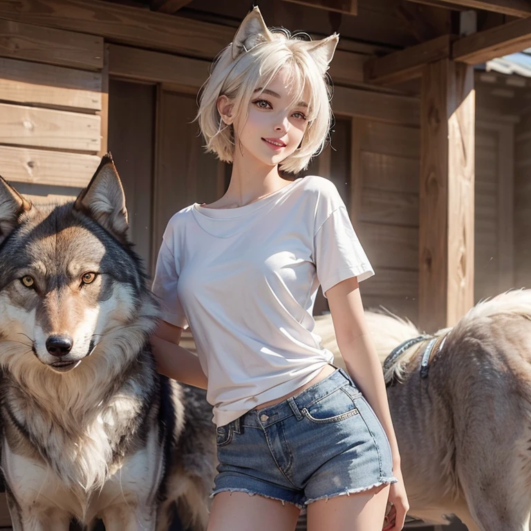 Desert, windy weather, white wolf、 ((highest quality、masterpiece、8k、best image quality、ultra high resolution、Award-winning work)、(accurate anatomy:1.1)、(look at me and smile:1.1)、Shining fair skin with ultra high resolution、most detailed face、ultra high resolution detailed face、white short hair flowing 、Beautiful face drawn in every details,T shirt and shorts, modest breast , real wolf beside the girl