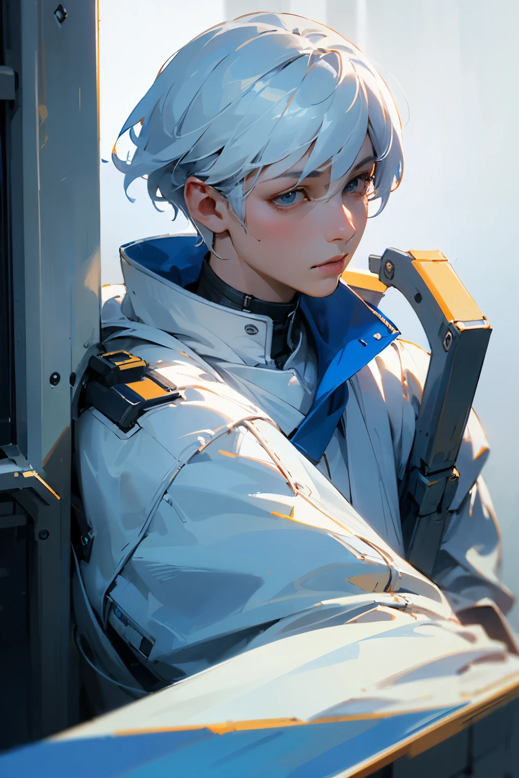 Highest image quality, outstanding details, ultra-high resolution, (realism: 1.4), the best illustration, favor details, highly condensed 1boy, with a delicate face, dressed in a white and blue modern clothes, white hair, the background is a high-tech lighting scene of the future city.