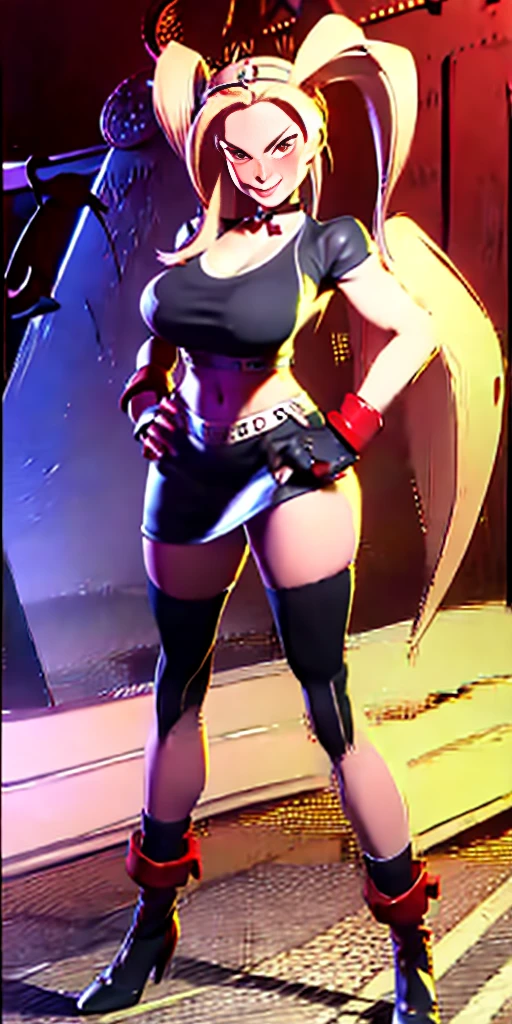 full body standing straight symmetrical, huge , cowboy shot, solo, 1MILF, mmplatz, smile, looking at viewer, hands on hips, twintails, twin drills, dress, striped pantyhose, handcuffs on their hands with a leather collar around the neck, beautiful alluring blonde vampire with fangs extended red eyes SFW huge breasts intricate fancy dress, full body toe to head standing symmetrical lustful smirking smile face (red blush), feet together, tiara, noble, big eyes, red cheeks, leather collar on neck, golden bracers on wrists, black stockings, long bunny ears, hands on chest cover exposed chest