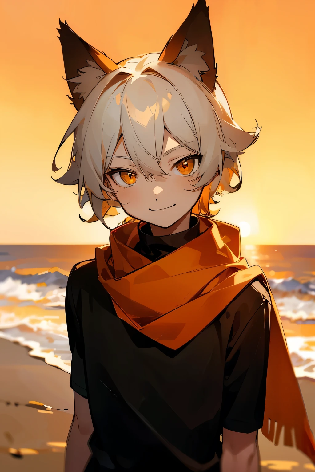 boy, young, , short wavy hair, black shirt,orange sweater, young male, golden eyes, sunset, white hair, smirk, sandy background, red scarf, caramel skin tone, cat ears, cover with hair, fix hair, show no skin