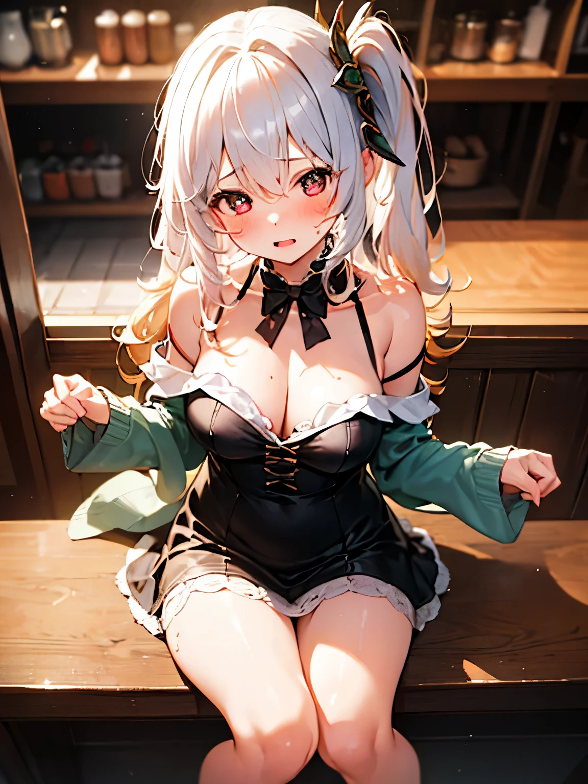 NSFW,Fiami、1 girl、Long Hair、solo、hair ornaments、Two Side Up、Blonde Hair、Red eyes、hair ornaments,Mini dress,Off the shoulder,Embarrassed,blush,(Perfect hands),(Perfect Anatomy),(masterpiece),(highest quality),Coffee shop,table