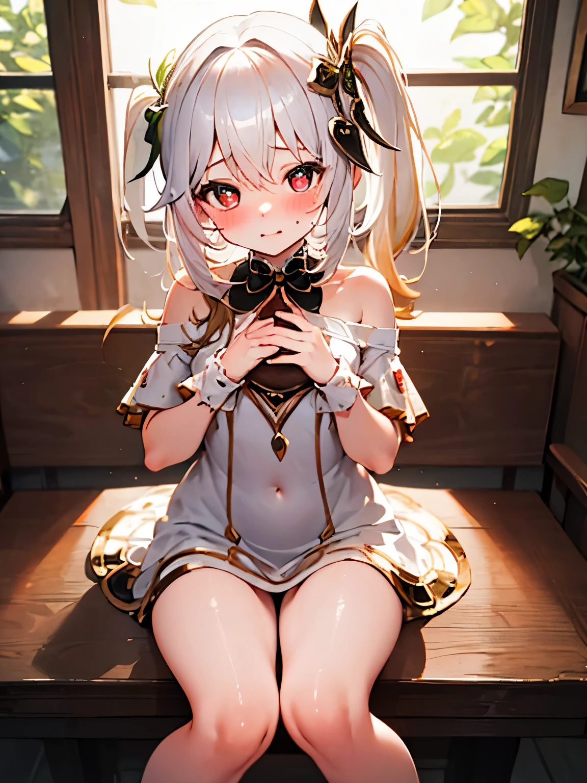 NSFW,Fiami、1 girl、Long Hair、solo、hair ornaments、Two Side Up、Blonde Hair、Red eyes、hair ornaments,Mini dress,Off the shoulder,Embarrassed,blush,(Perfect hands),(Perfect Anatomy),(masterpiece),(highest quality),Coffee shop,table