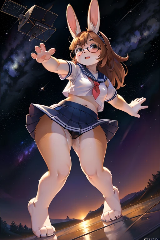 dynamic angle , full body shot , hairy bunny Short stature girl , (realistic hairy bunny fur:1.2) , round Mumps face , (tilt face:1.2) , geek , Swollen cheeks , glossy lips , eyewear , school sailor , skirt , trunks inside skirt , Floating in the Starry sky , floating , Spacewalk , dynamic pose , Artificial satellite