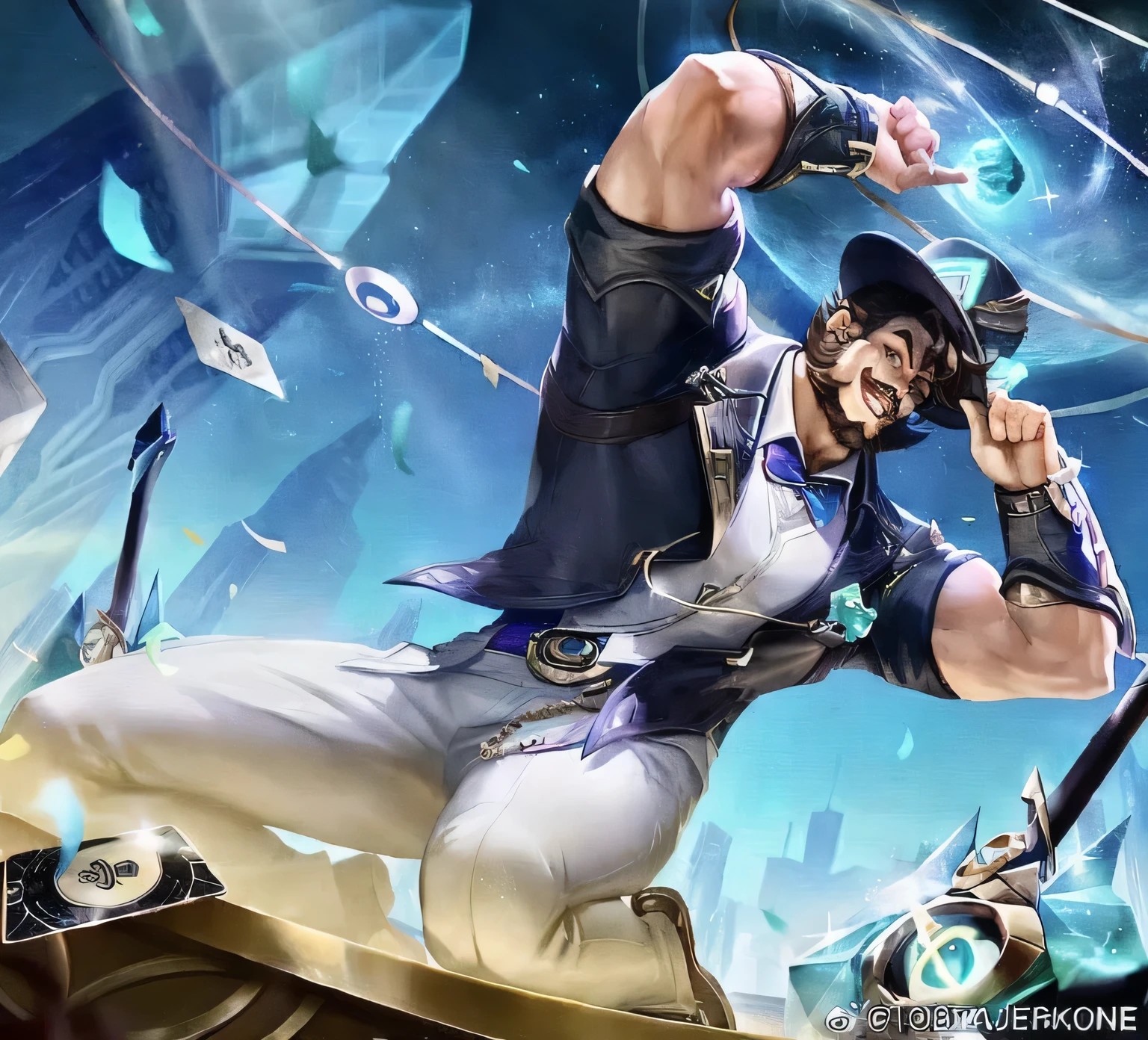 A big, muscular middle-aged man，A magician dressed up in a tight suit，He has brown hair and a beard，He was on his knees, twisting his body, flexing his muscles，He's got huge pectorals, big, muscular，His arms are strong and strong，His physique and his muscular, exaggerated physique