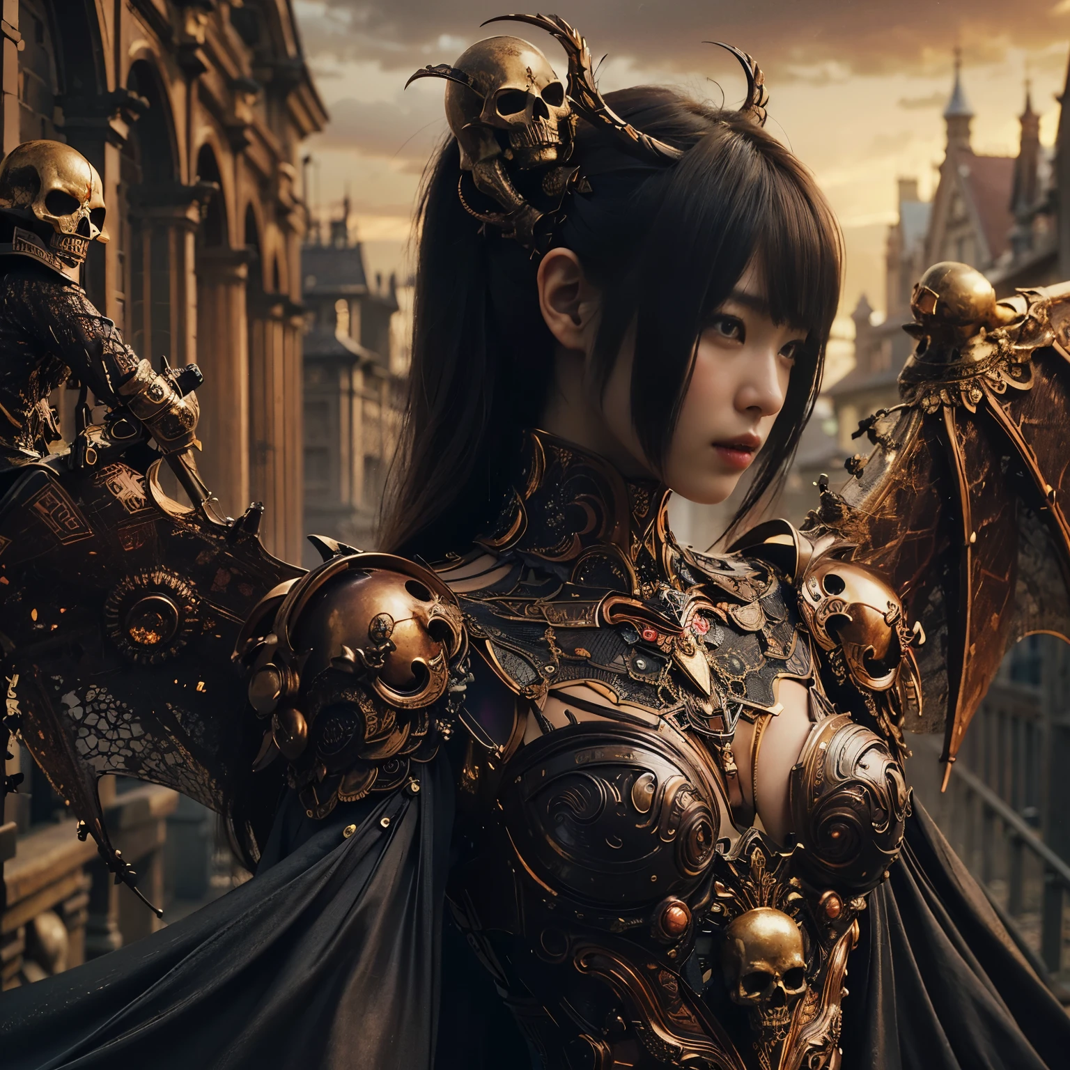 (masterpiece、highest quality、Realistic photos)、A very cute Japanese woman、(Brown skin:1.4)、A complex copper and brass mechanical armor with a skull motif.、Bat Wings、White tone、Blue accents、foot、Extremely intricate details、Posing on the medieval castle walls at sunset、Full Body Shot、Minimum 4 or more generated
