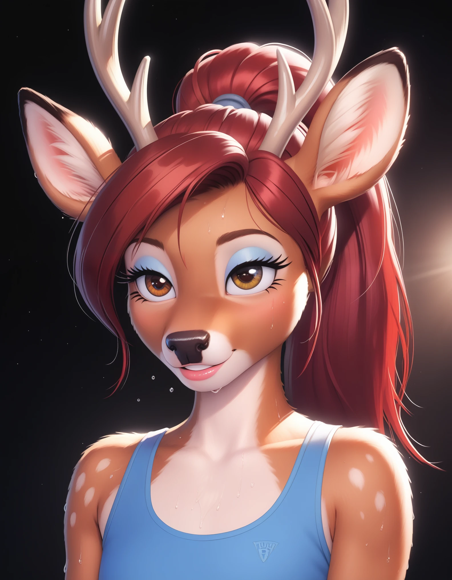 masterpiece, best quality, (hioshiru, tom bagshaw), female deer, anthro, workout, perfect eyes, long eyelashes, (deer), (sweaty face), (red hair, ponytail), brown fur, (makeup, eyeliner:1.1)BREAK (detailed background:1.3), (cinematic lighting), detailed ambient light, (detailed lighting), (ambient light on the body), , ((dark outlines)), [[by taran fiddler]], by dagasi, by Foxovh, (sharp focuasterpiece, 8k, 4k,raw photo, warm lighting, best quality, hi res, high resolution, high details, ultra realistic, absurd res