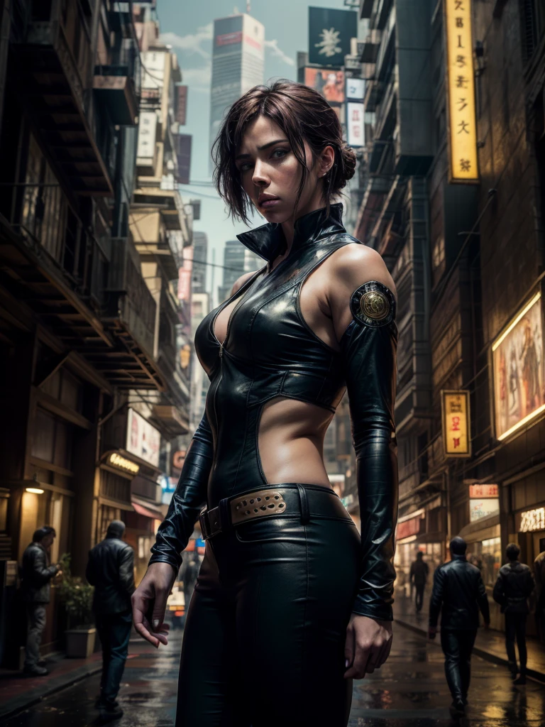 A cinematic waist up photorealistic color digital painting of [Ryoko Yonekura:Scarlet Johansson:0.35] as Major Motoko Kusanagi of The Cybercrime Detective of Ghost in the Shell anime scrutinize the city from the City Tower, detailed face, insanely detailed and intricate, crisp sharp and clear, volumetric lighting, ultra-high resolution, masterpiece hyper realistic artwork of Don Lawrence, Cinematographic scene by Alphonse Mucha, centered, Professional color grading by Kenneth Hines Jr.