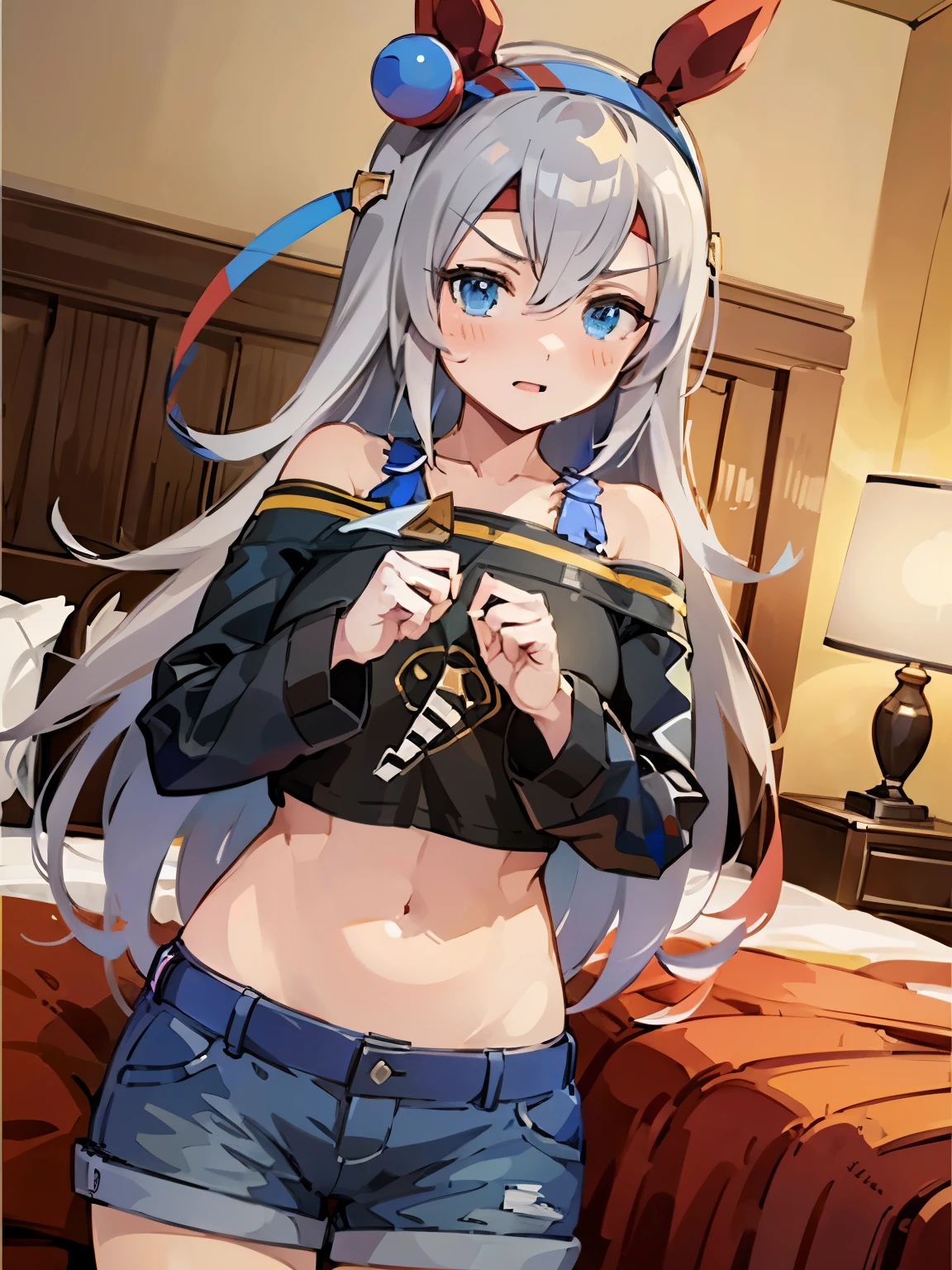 NSFW,tamamo cross \(umamusume\),(Perfect hands),(Perfect Anatomy),(masterpiece),(highest quality),Embarrassed,blush,cropped,Off the shoulder,Shorts,High leg pants,Love Hotel at Night,bedroom
