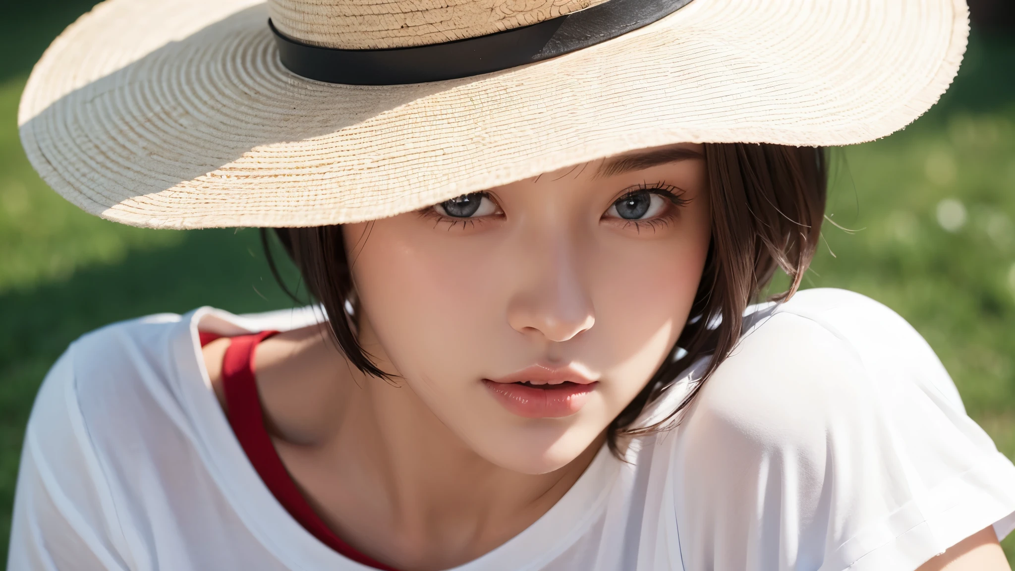 1girl, white t-shirt, short hair, wearing a round hat, realistic, ultra detail,