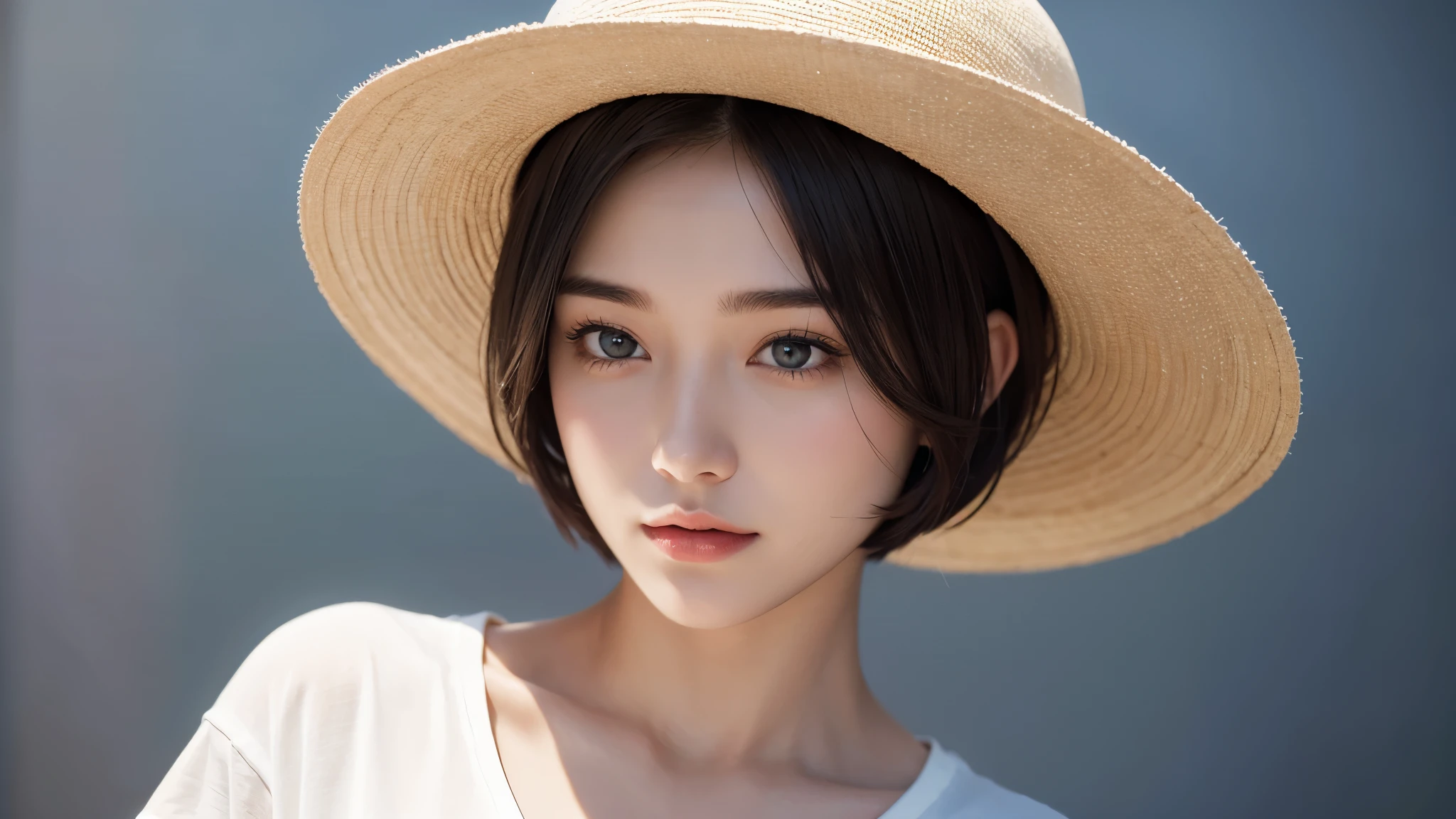 1girl, white t-shirt, short hair, wearing a round hat, realistic, ultra detail,