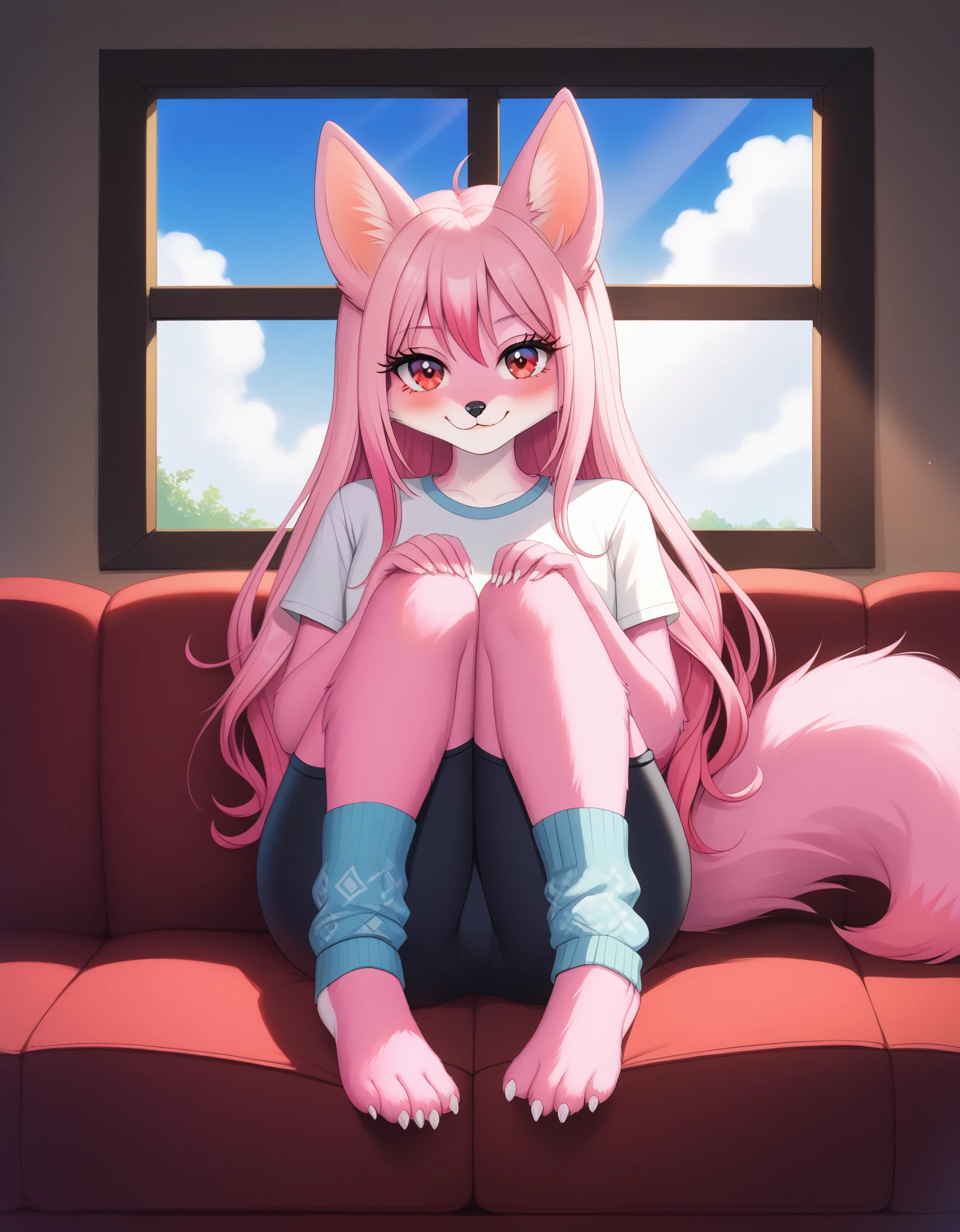 [nazuna hiwatashi], [Uploaded to e621.net; (Pixelsketcher), (wamudraws)], ((masterpiece)), ((HD)), ((high res)), ((solo portrait)), ((full body)), ((front view)), ((feet visible)), ((furry; anthro)), ((detailed fur)), ((detailed shading)), ((beautiful render art)), ((intricate details)), {anthro fox girl; pink fur, black nose, (cute red eyes), (long eyelashes), (luffy pink tail), (long pink hair), (two toned hair), (hot-pink tips on hair), (sharp white nails), (curvy hips), (beautiful legs), (beautiful feet), (blushing), (cute smirk)}, {(grey tee shirt), (black yoga pants), (pink leg warmers)}, {(sitting on couch), (hands in lap), (looking at viewer)}, [background; (living room), (window), (clouds in sky), (blue sky), (sun rays), (ambient lighting)]