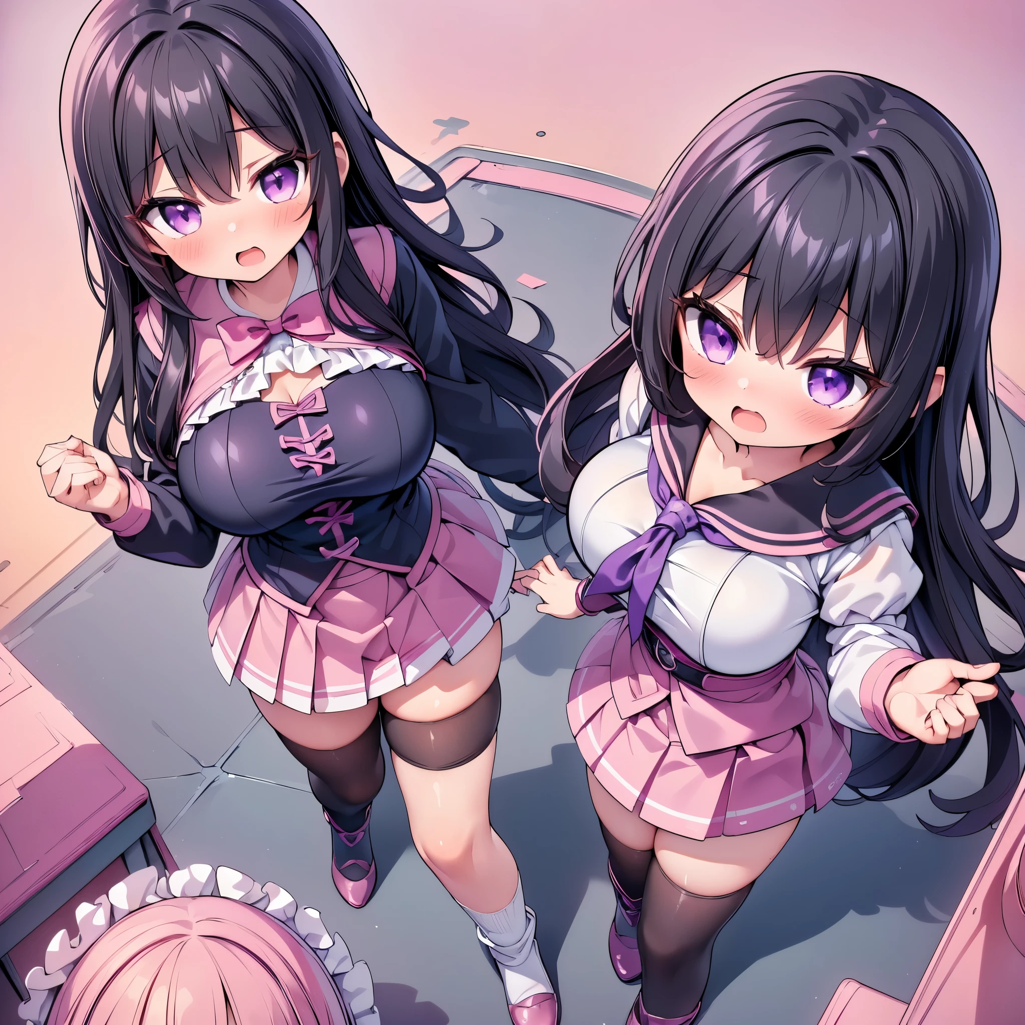 (8K、Best image quality、highest quality、masterpiece)、Detailed face、(2 girls, Black Hair, Purple Eyes, long hair)、Improve、 (magical pink girl outfit,frill mini skirt:1.2), (glamorous:1.2), (huge breasts:1.4), (open mouth), (embarrassed), Classroom Background, (black stockings:1.2), (Thighs:1.2), (Waistline), (from above:2)