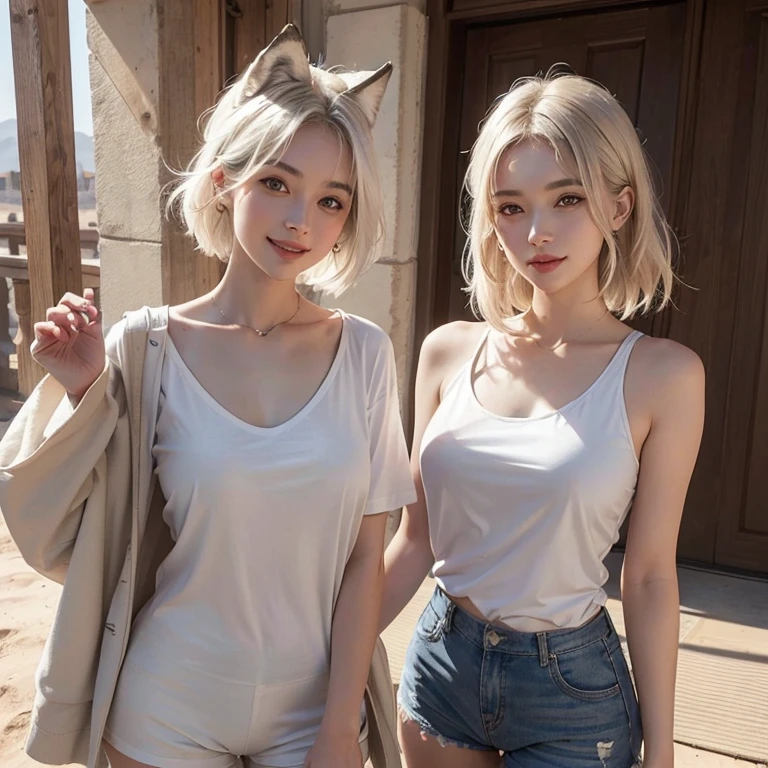 Desert, windy weather, white wolf、 ((highest quality、masterpiece、8k、best image quality、ultra high resolution、Award-winning work)、(accurate anatomy:1.1)、(look at me and smile:1.1)、Shining fair skin with ultra high resolution、most detailed face、ultra high resolution detailed face、white short hair flowing 、Beautiful face drawn in every details,T shirt and shorts, modest breast , real wolf beside the girl