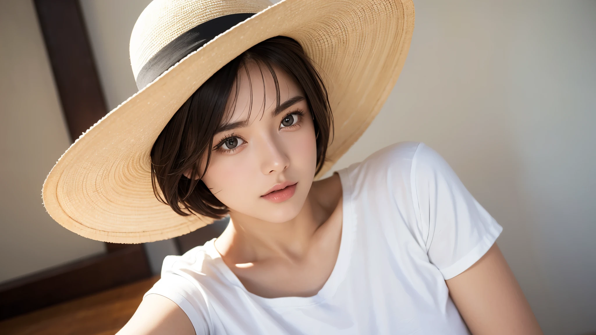 1girl, white t-shirt, short hair, wearing a round hat, realistic, ultra detail,