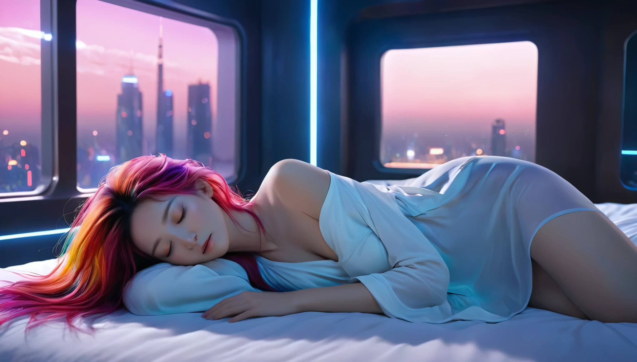 (best quality,8k,ultra-detailed:1.2),(CG,CG art,3D rendering),(masterpiece:1.2),（Crawling on the table），（Sexy clothing），(movie lighting,futuristic),(woman lying in bed,sleeping,closed eyes),(large window behind her,tranquil night),(colorful hair:1.5)