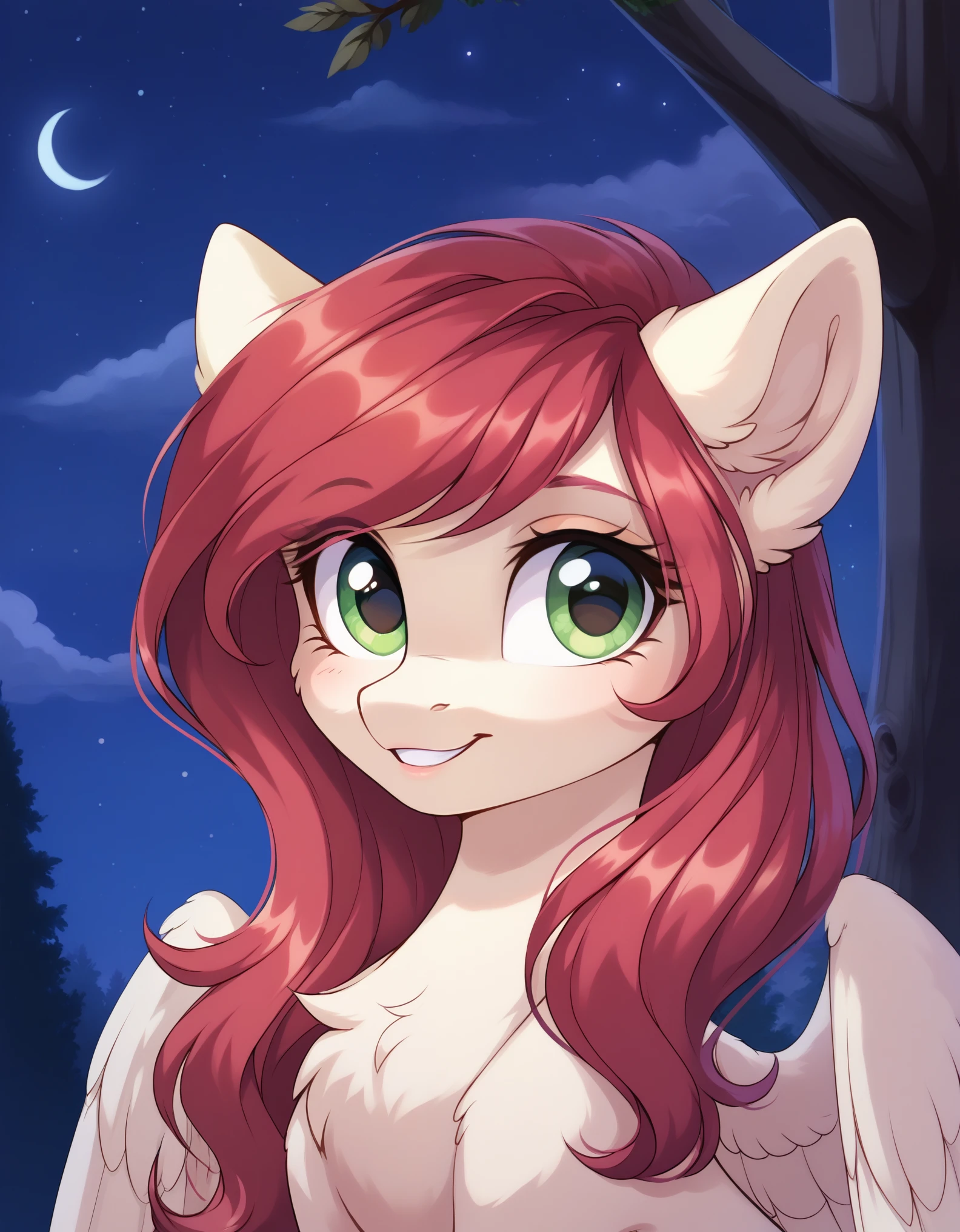 rating_safe, score_9, a cute mare, fluffy, pegasus pony, night, tree, portrait