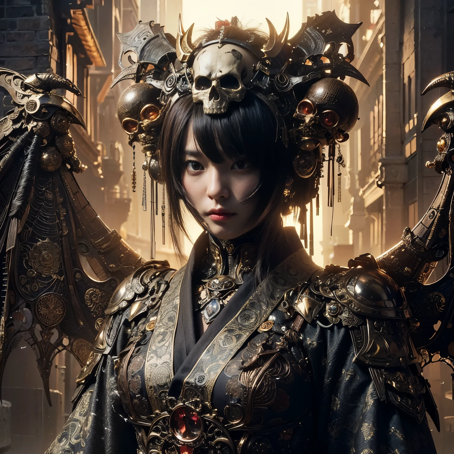 (masterpiece、highest quality、Realistic photos)、A very cute Japanese woman、(Brown skin:1.4)、A complex copper and brass mechanical armor with a skull motif.、Bat Wings、White tone、Blue accents、foot、Extremely intricate details、Posing on the medieval castle walls at sunset、Full Body Shot、Minimum 4 or more generated