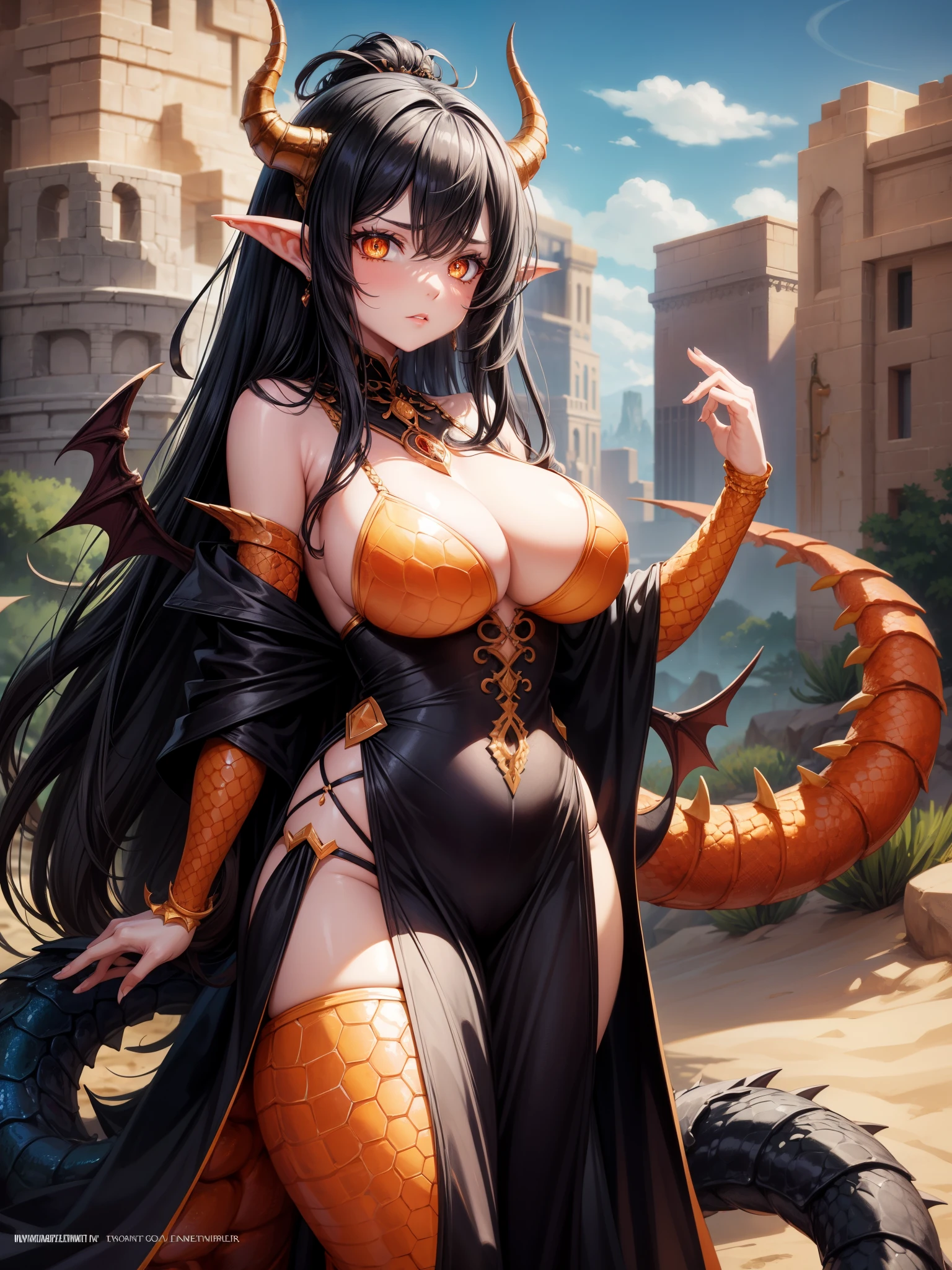 score_9, wyrm girl, monster girl, black hair, orange eyes, vertical pupils, dragon scales, rough scales, dragon horns, horn ornament, lamia, large breasts, in the desert