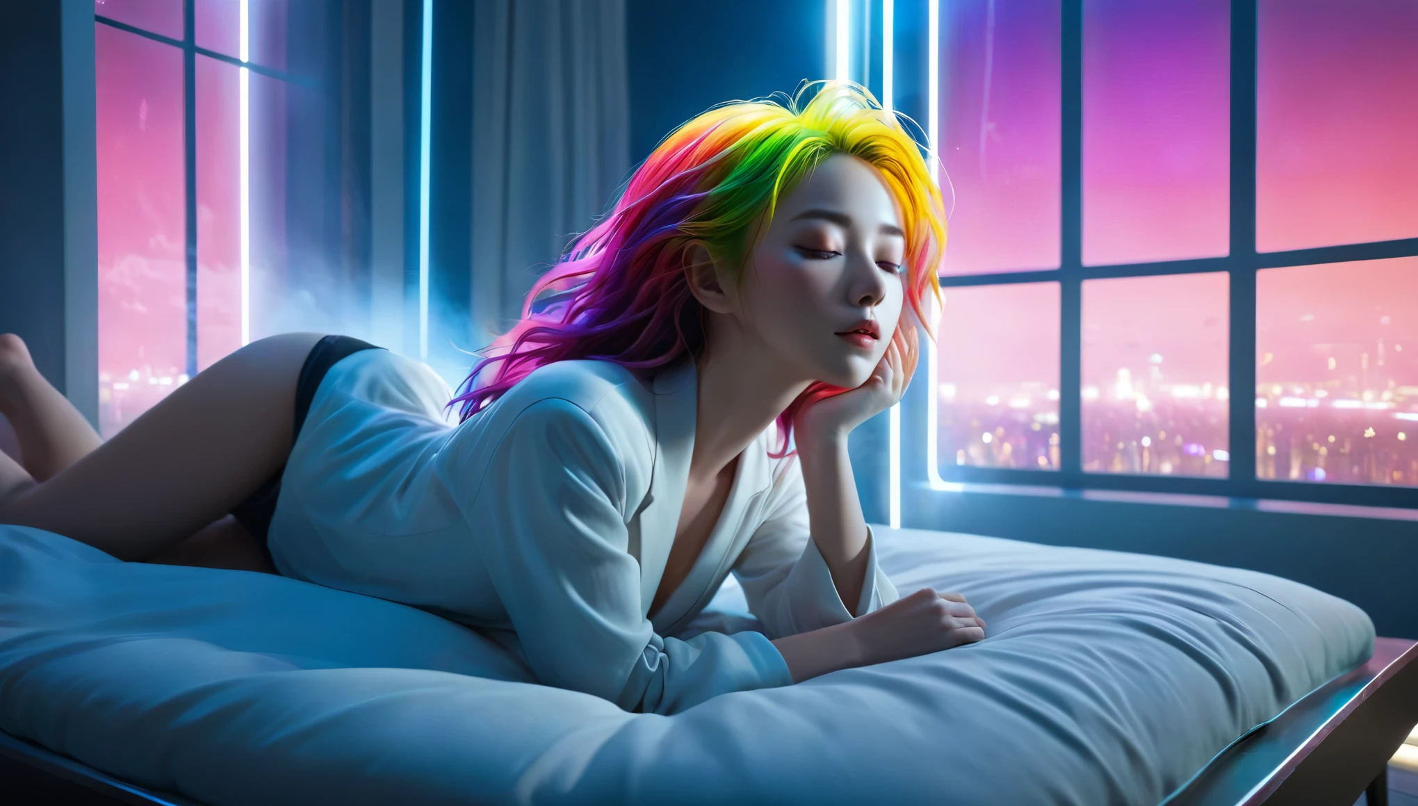 (best quality,8k,ultra-detailed:1.2),(CG,CG art,3D rendering),(masterpiece:1.2),（Crawling on the table），（Sexy clothing），(movie lighting,futuristic),(woman lying in bed,sleeping,closed eyes),(large window behind her,tranquil night),(colorful hair:1.5)