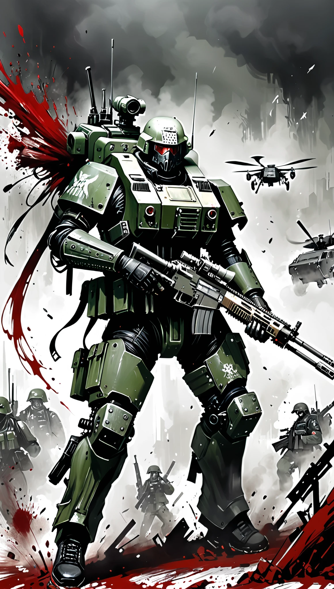 in style of Ashley Wood,war hummer 40k style,1boy,heavy firearms,Modify wearable equipment,Carry,role conception,terror blood,death sign,Very detailed,more details,Smooth and smooth brush strokes,Tactical moves,Dynamic Action,Tactical UAV