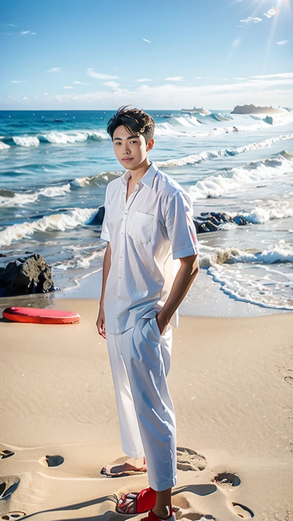 man in white shirt standing on the beach with ocean in background