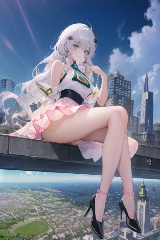 official art, masterpiece, Sharp focus, (Beautiful, gorgeous and cute Korean woman:1.3), (beautiful and cute korean:1.3), Korean beauty, Exquisite and beautiful hair、Eyes and face, Practical, Ultra Detailed, beautiful girl, Blue sky, Glowing white particles, (Side Light:1.2), Sunlight, Baiyun, Detailed clouds, slim, Very cute big and big butt, Smile with teeth bared, ((Smile with your eyes, Open your eyes)), landscape, Long and straight hair, Sexy facial expressions, architecture, (city View:1.7), Dynamic Hair, very Long and straight hair, Delicate platinum silver hair, Green eyes, Pink skirt, Black socks, Pale skin, Hair accessories, epic landscape,,White high heels,Nice butt,Beautiful buttocks,Nothing under the skirt,Weight loss