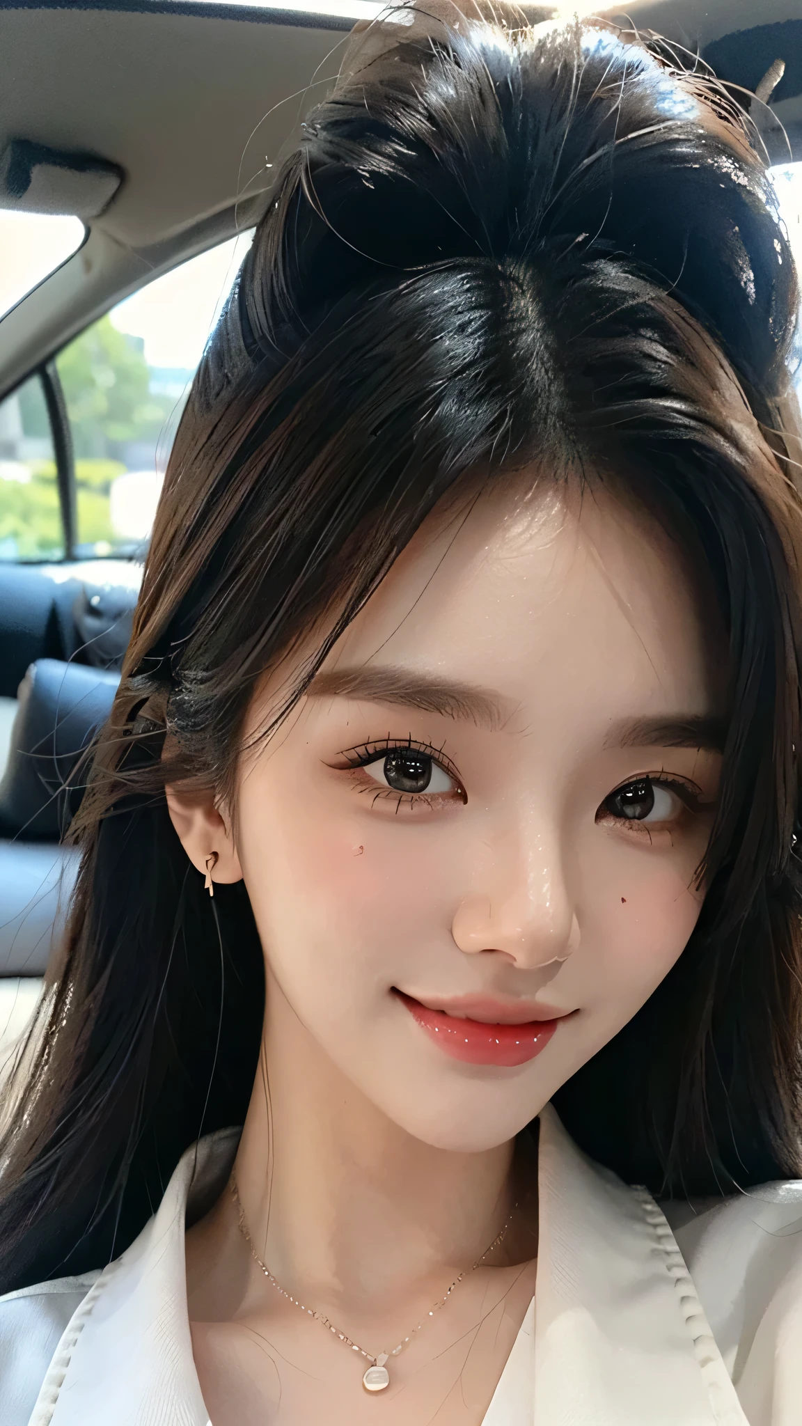 masterpiece、top-quality)、1 beutiful girl、(( plain clothes:1.1))、((Wearing black sunglasses )), (Detailed beautiful eyes), ((Detailed skin)) , ((Detailed beautiful hair))、((Smaller face))、((Neutral face))、((Face seen from the side))、((Light brown eyes))、((Korean Girl))、((18year old))、((cool lady))、((A shy smile on his face))、((Korean Makeup))、((elongated and sharp eyes))、((Happy dating))、((Shot from the same height as your face)、), ((CG rendering)), ((Blurred background)), ((deep shadow)), ((16K)), ((Very detailed)), ((wallpaper)), ((depth of field)), ((movie light)), (( Ray tracing)).