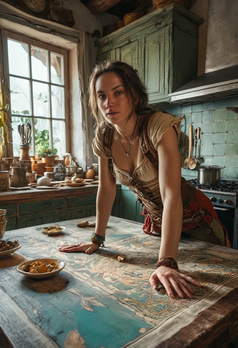 she, the adventurer leans on the table in the kitchen. many details, extreme detailed, full of details, Wide range of colors. Many details everywhere. soft shadows. Low saturation colors. Insane quality. Insane resolution. Insane details. Masterpiece. 32k resolution. Dramatic,Dynamic,Cinematic,Sharp details