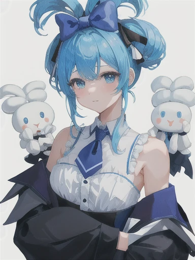 1girl, solo, Cinnamiku, blue hair, blue eyes, hair rings, hair bow, blue bow, (cinnamoroll, tied ears), black sleeves, bare shoulders, blue necktie, wide sleeves, collared shirt, detached sleeves, necktie, blue necktie, frilled collar, cute, hair_behind_ear, (chibi_style:1.2),