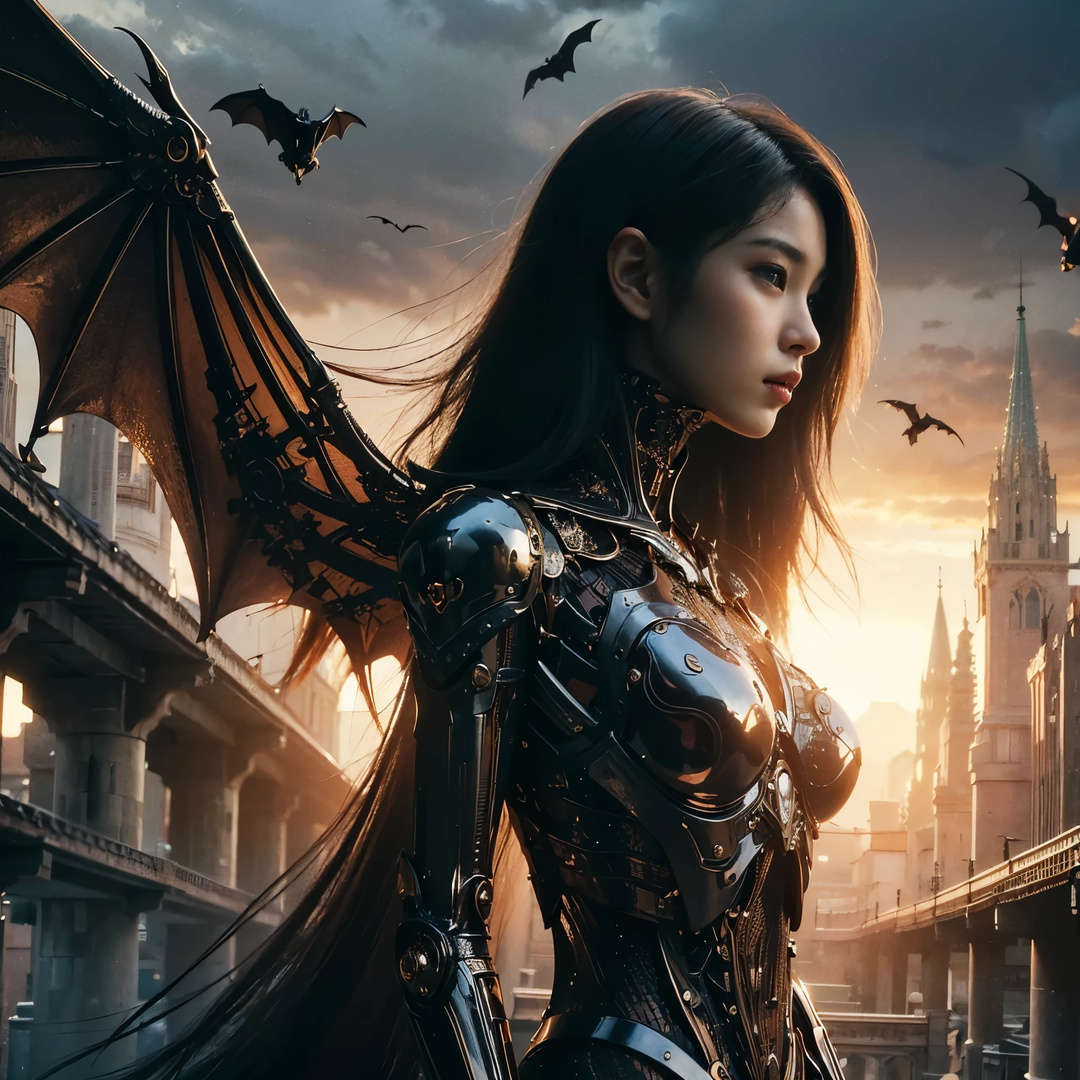 (masterpiece、highest quality、Realistic photos)、A very cute Japanese woman、(Brown skin:1.4)、A complex copper and brass mechanical armor with a skull motif.、Bat Wings、White tone、Blue accents、foot、Extremely intricate details、Posing on the medieval castle walls at sunset、Full Body Shot、Minimum 4 or more generated