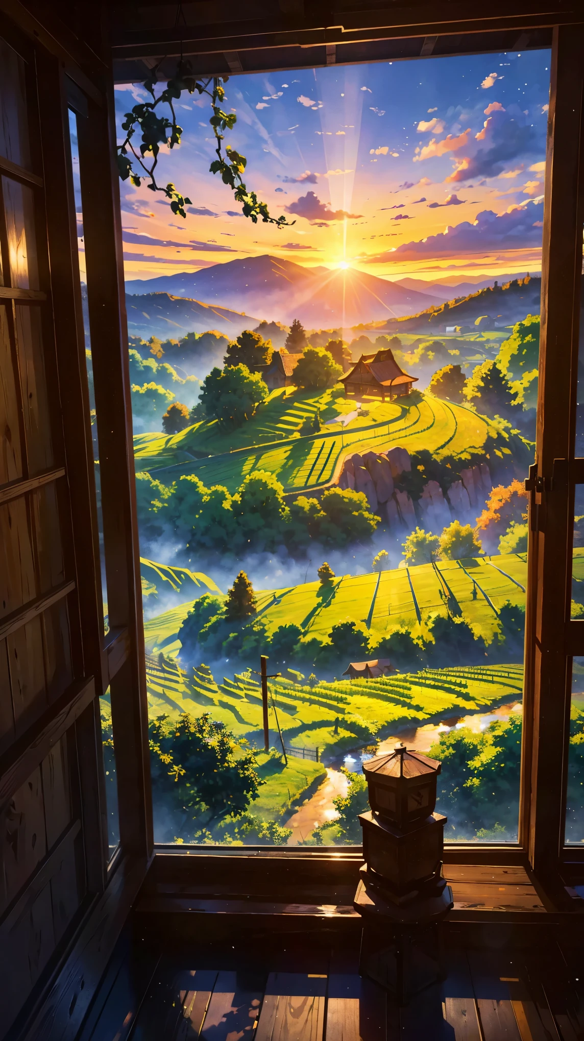 A beautiful landscape painting with a hut nestled in a vineyard at sunrise. The stone path leads through the vineyard, surrounded by lush grapevines. In the distance, snowy mountains rise majestically against the horizon. The landscape is dotted with tall trees, creating a serene and peaceful atmosphere. A calm and glistening valley stretches out beyond the vineyard, adding depth to the composition. The hut, made of weathered wood and surrounded by flourishing grapevines, exudes a sense of tranquility and rustic charm. The surrounding clouds reflect the soft hues of the morning sun, casting a warm and ethereal glow over the scene. The snowy mountains, trees, and valley are all meticulously detailed, capturing the essence of nature in this winter landscape. The painting is a masterpiece, created with the best quality materials, ensuring vibrant colors and incredible attention to detail. The overall composition is realistic and photorealistic, capturing the beauty and serenity of the vineyard in the middle ages. The harmony between the hut, vineyard, snowy mountains, and valley evokes a sense of peace and harmony.
