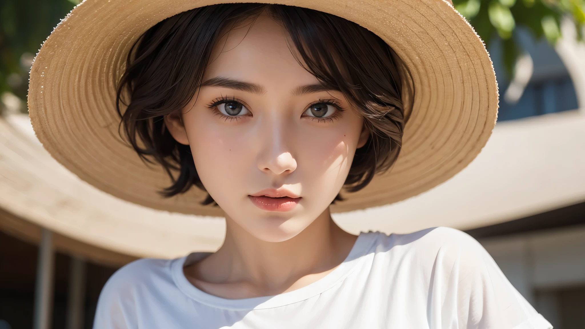1girl, white t-shirt, short hair, wearing a round hat, realistic, ultra detail,