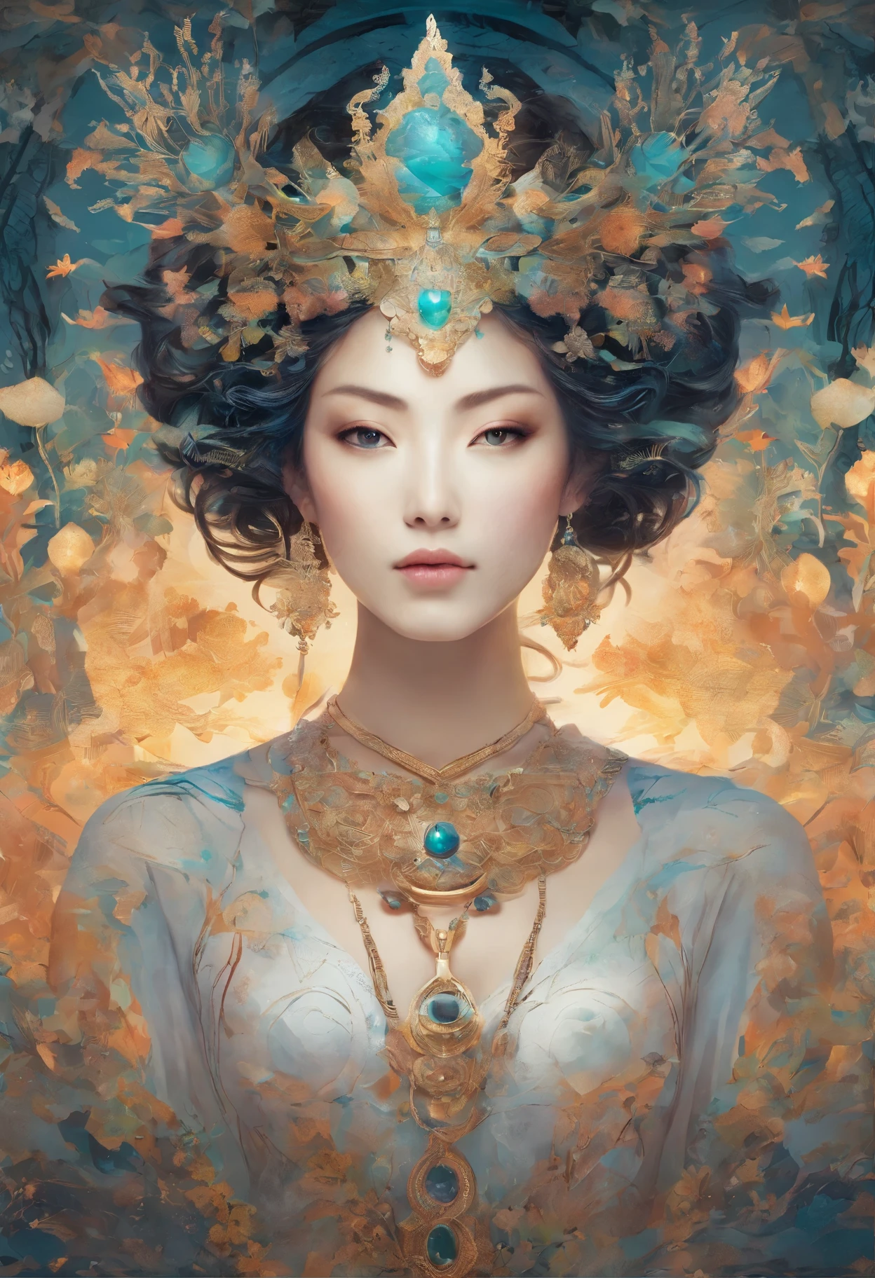 a woman with a crown and a necklace sitting in the woods, extremely detailed goddess shot, a stunning portrait of a goddess, cinematic goddess shot, karol bak uhd, karol bak and peter mohrbacher, wholesome techno - shaman lady, zen meditation cyberpunk, goddess of the forest, psychedelic goddess, goddess. extremely high detail