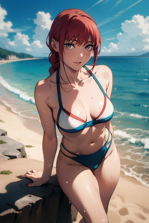 1girl, solo,underwear, navel, breasts, realistic, long hair,, lips, looking at viewer, red hair, collarbone,braided ponytail,yellow eyes, sitting, cowboy shot, jewelry, standing, from Above, one piece school bikini, legs open wide, dynamic pose, white skin, pale skin, sweaty armpits, outside, sun, skies, blue skies, seaside, beach sand, cameltoes, 16:9
