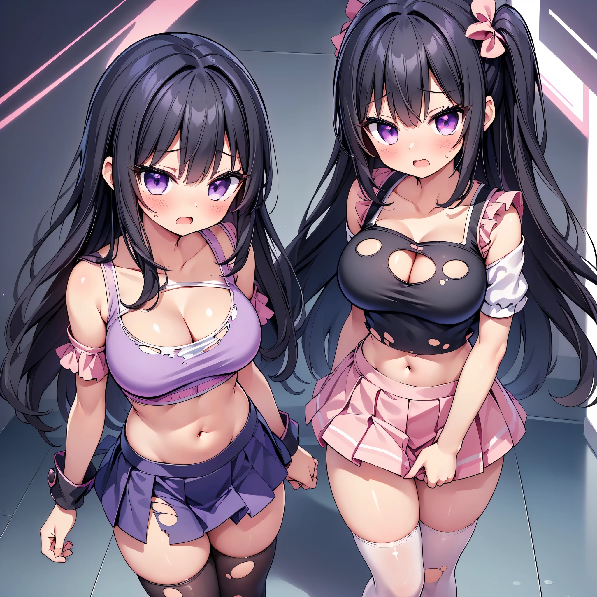 (8K、Best image quality、highest quality、masterpiece)、Detailed face、(2 girls, Black Hair, Purple Eyes, long hair)、Improve、 (magical pink girl outfit,frill mini skirt:1.2),  (skinny body), (huge breasts:1.1),  (cleavage cutout), (crop top navel), (torn clothes:1.6), (open mouth), (embarrassed), Classroom Background, (black stockings:1.2), (Thighs:1.2), (Waistline), (from above:1.2)