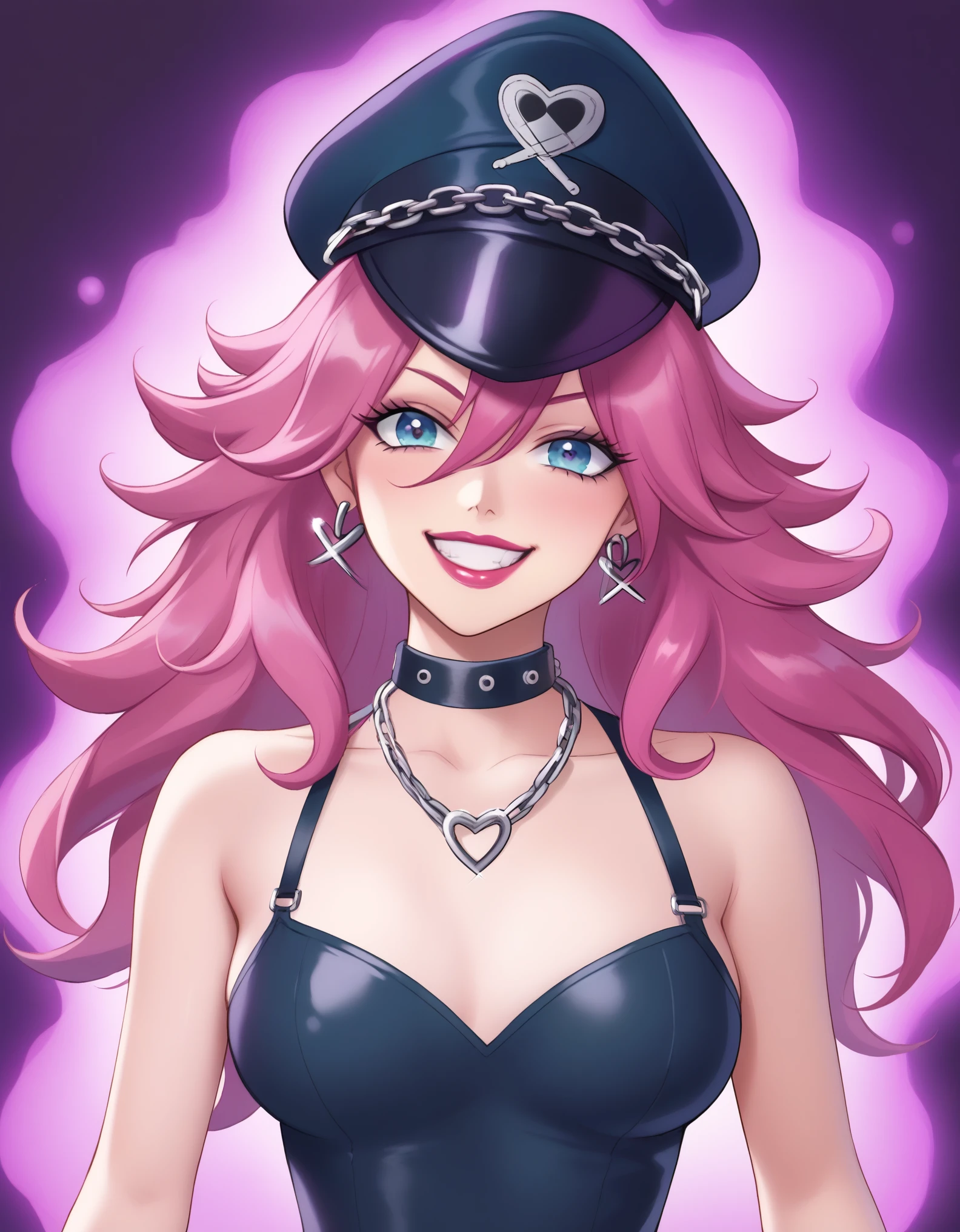 godness of poison, poison in body, poison in the air, poisonous scenery, aura of danger, scary smile, purple hair, oozing poison