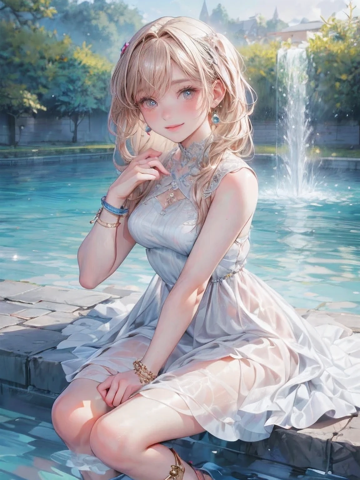 masterpiece:1.2, highest quality, 16k, highres, ultra-realistic, photorealistic:1.37, beautiful detailed:1.2, cute girl, standing in Fashion show, fashion model Striking a pose while standing elegantly on the runway, beautiful delicate artistic avant-garde revealing dress, gently smile, beautiful delicate(hair, face, long eyelash, eyes, pupils, lips, knee, anklet, dress), sparkling eyes, shining rosy lips, blushed cheek, through bangs,